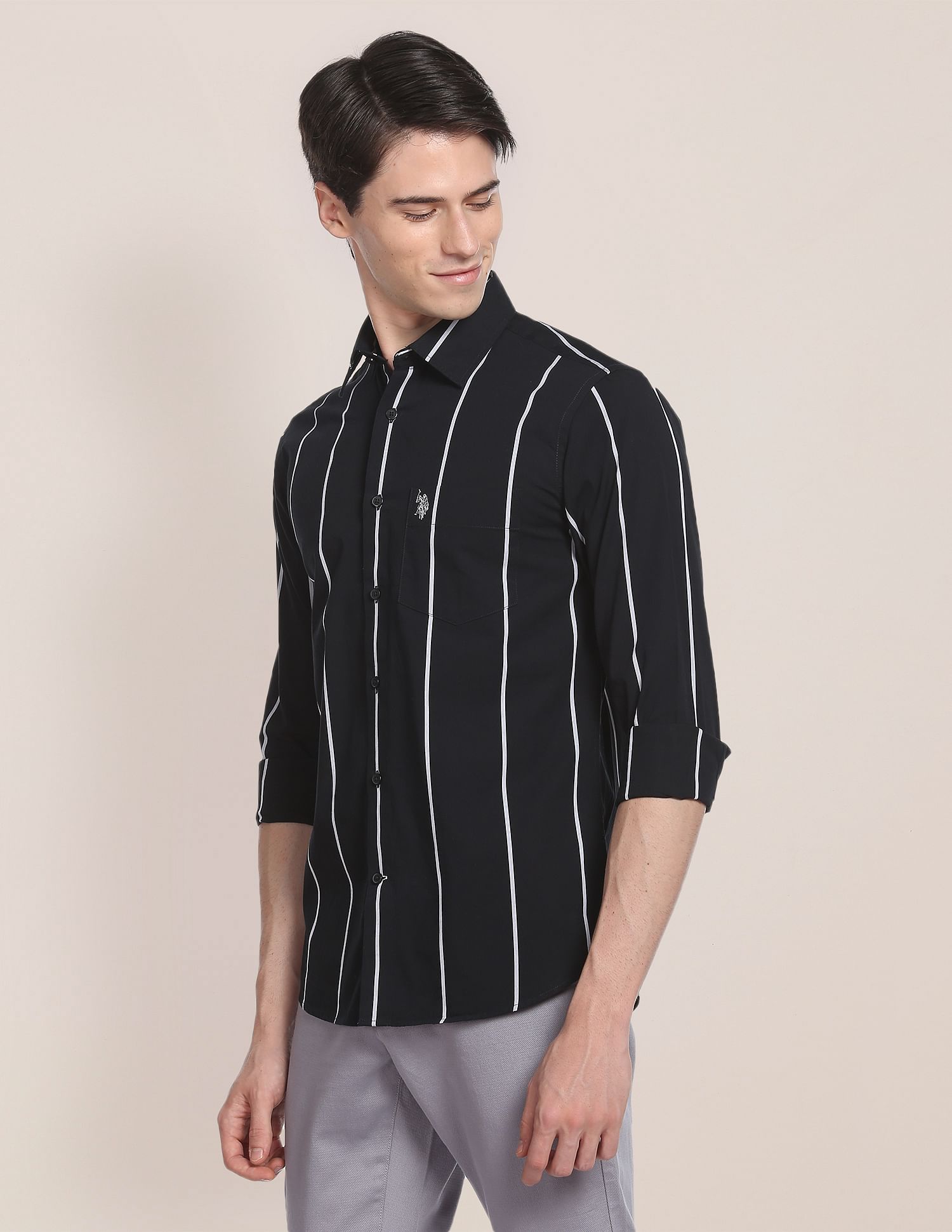 Iconic Peached Stripe Shirt Black - U.S. Polo Assn. India | Large