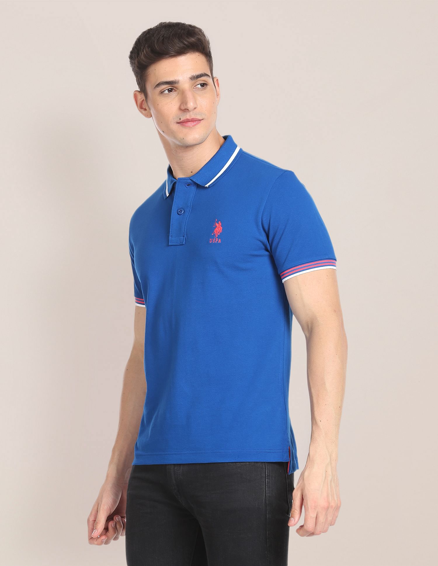 Striped Collar Pique Polo Shirt Blue - U.S. POLO ASSN. | Large