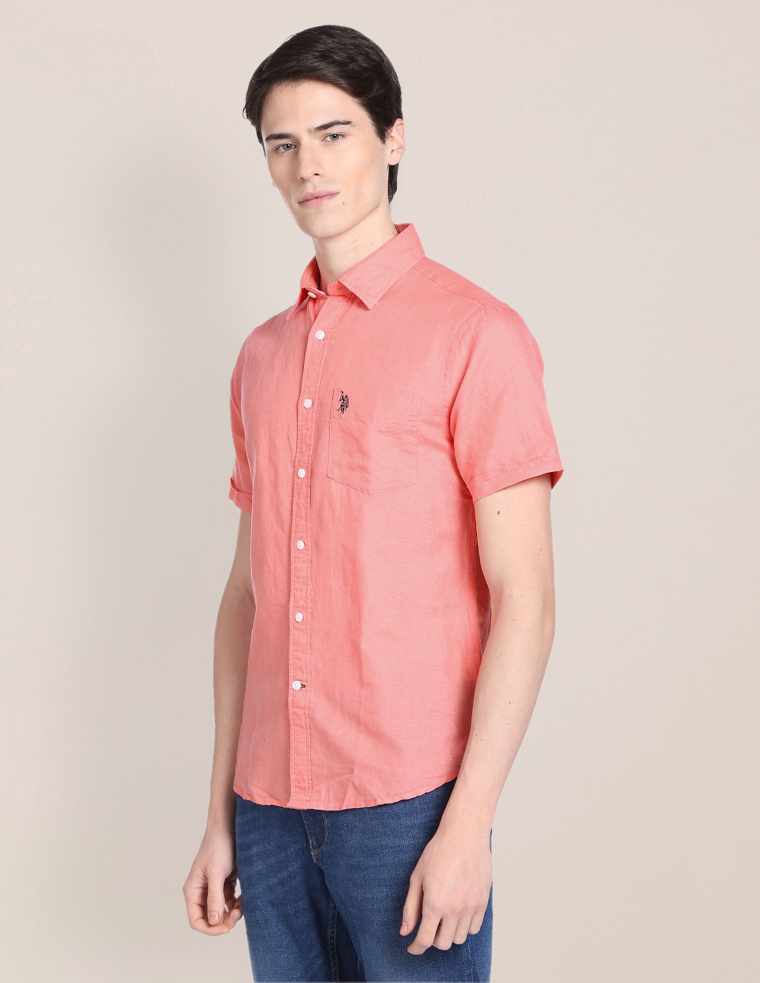 Spread Collar Solid Casual Shirt Pink - U.S. Polo Assn. India | Large
