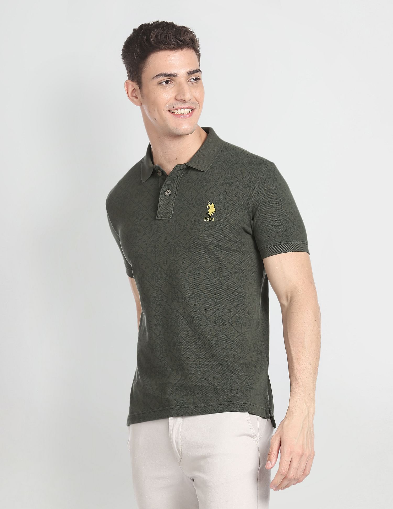 Floral Print Cotton Polo Shirt Olive - U.S. POLO ASSN. | Large
