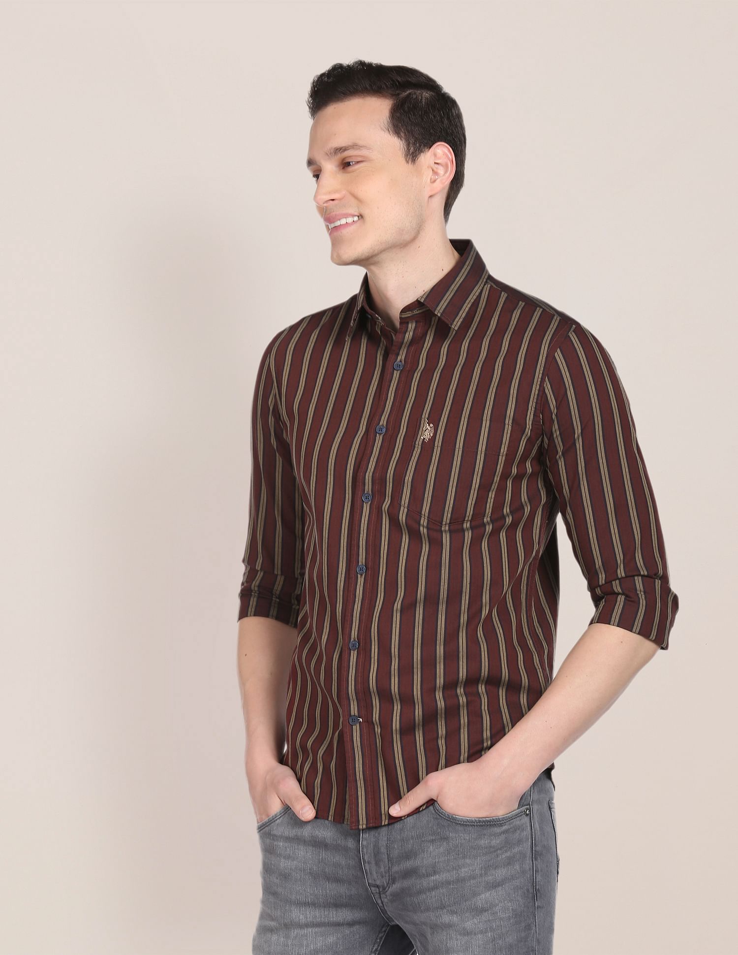 Cutaway Collar Vertical Stripe Casual Shirt Maroon - U.S. Polo Assn. India | Large