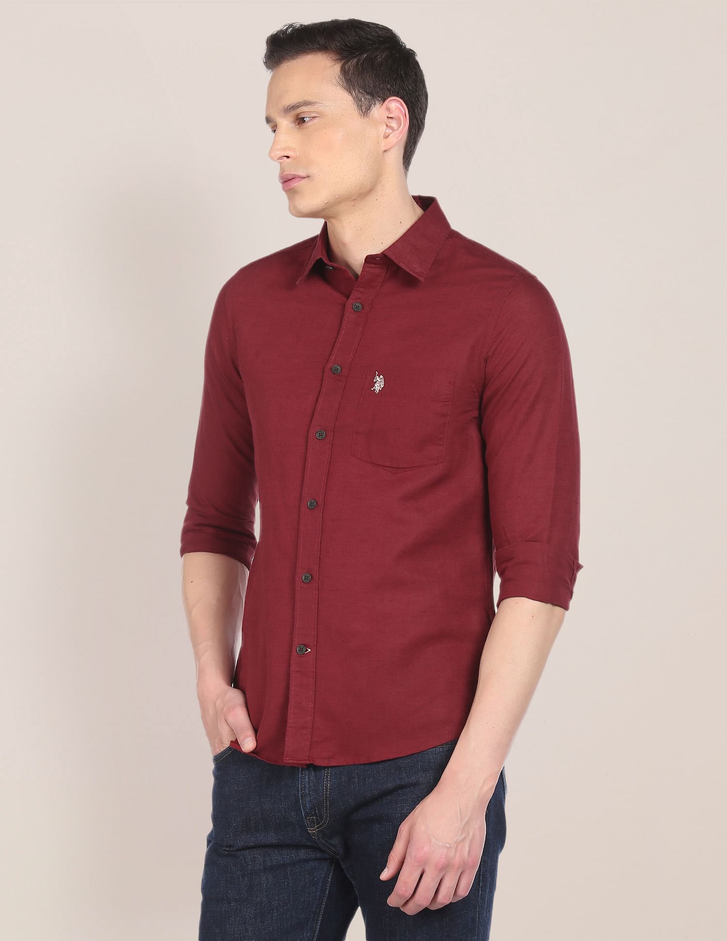 Spread Collar Solid Shirt Maroon - U.S. POLO ASSN. | Large