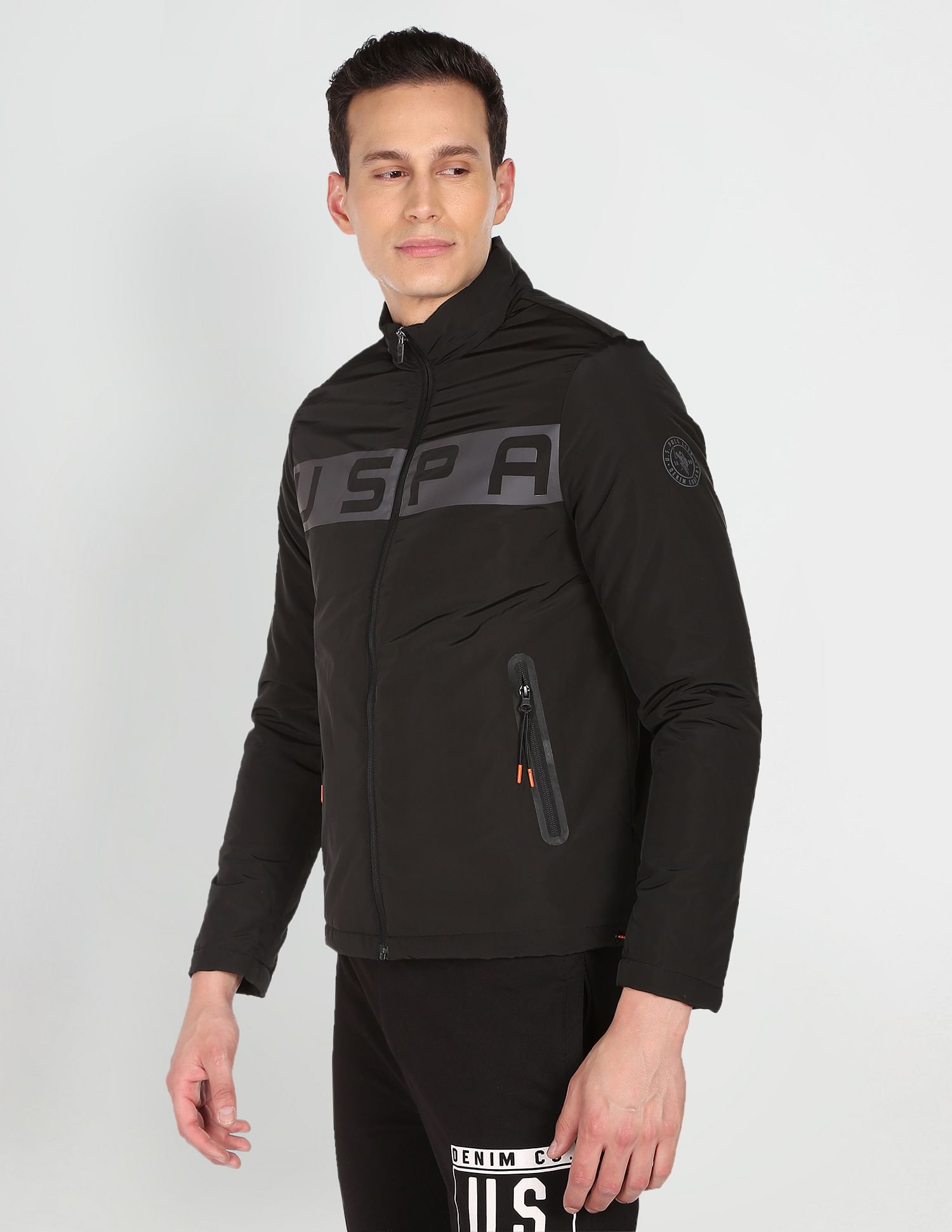 High Neck Brand Print Polyester Casual Jacket Black - U.S. Polo Assn. India | Large