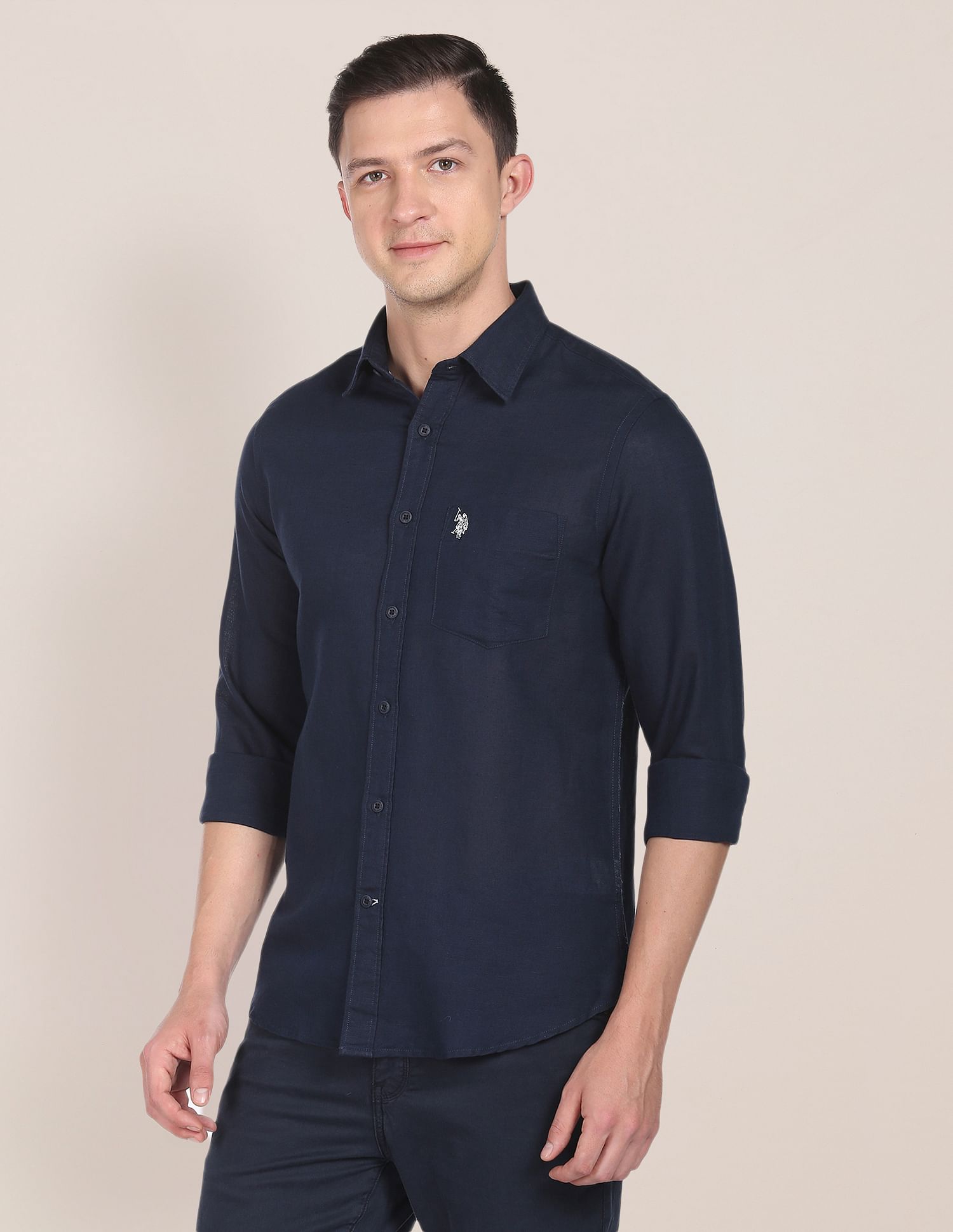 Spread Collar Solid Casual Shirt Navy - U.S. Polo Assn. India | Large