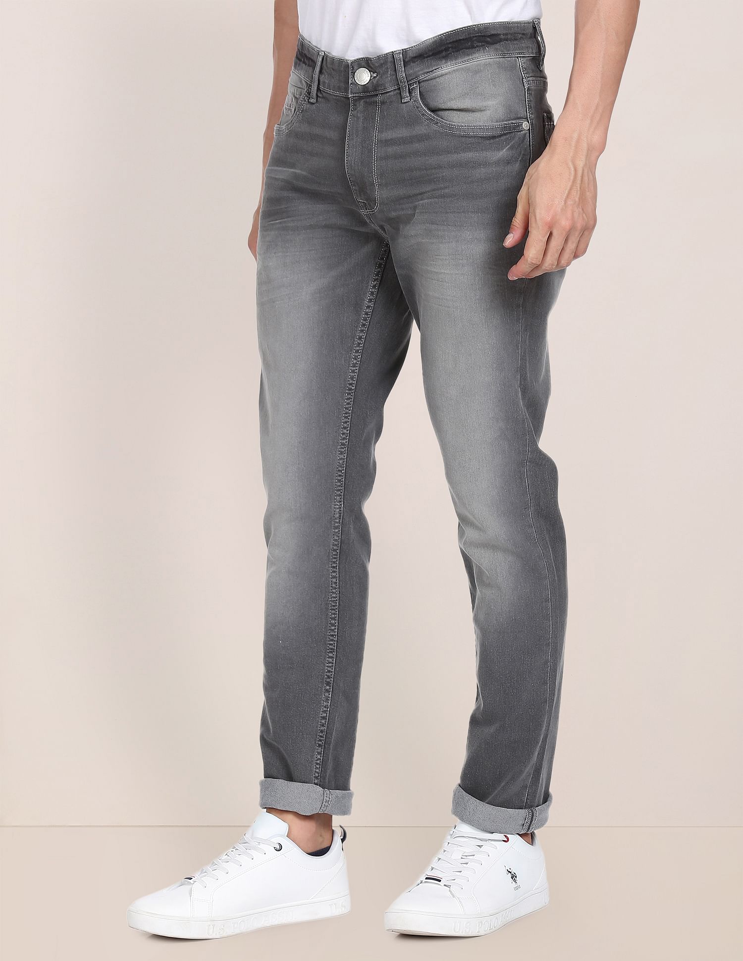 Men Grey Brandon Slim Tapered Fit Stone Wash Jeans Grey - U.S. POLO ASSN. | Large