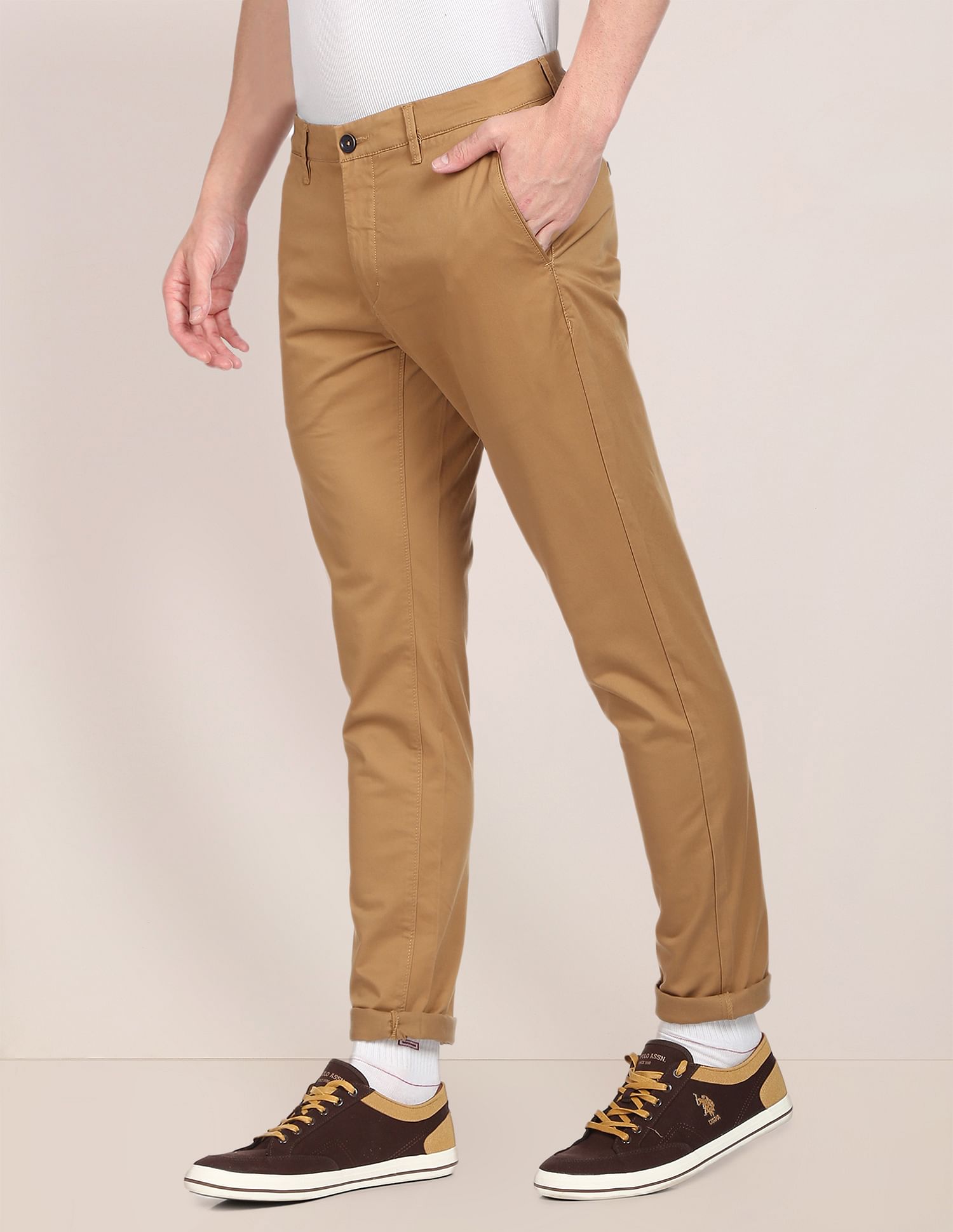 Mid Rise Solid Casual Trousers Khaki - U.S. POLO ASSN. | Large