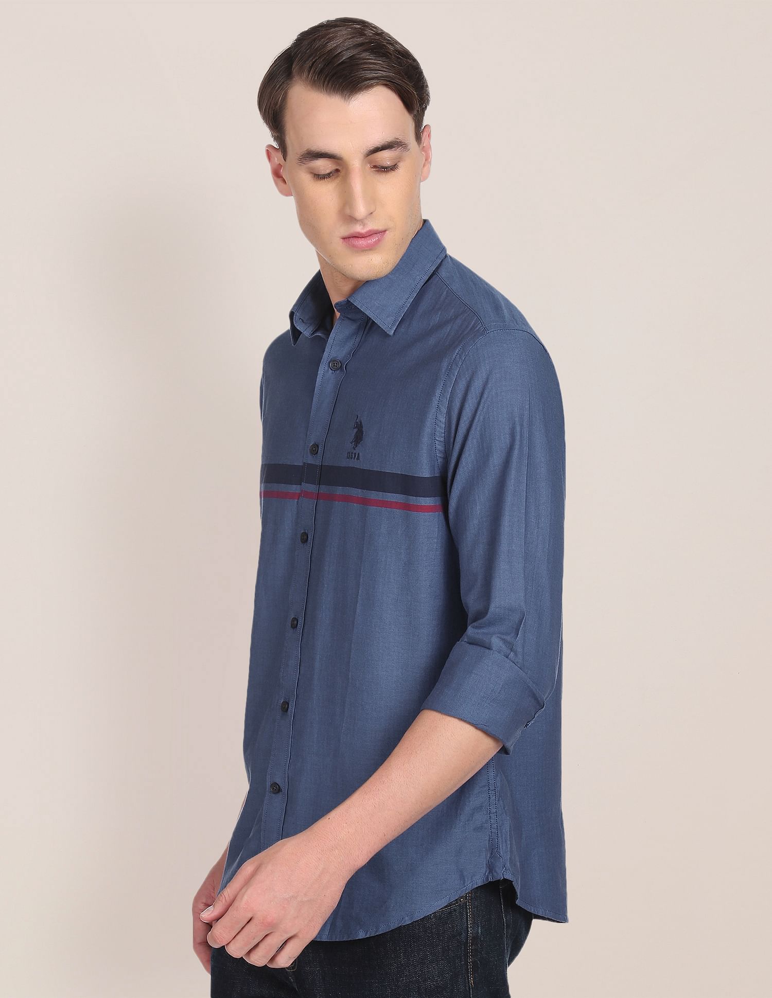 Spread Collar Cotton Striped Casual Shirt Blue - U.S. Polo Assn. India | Large
