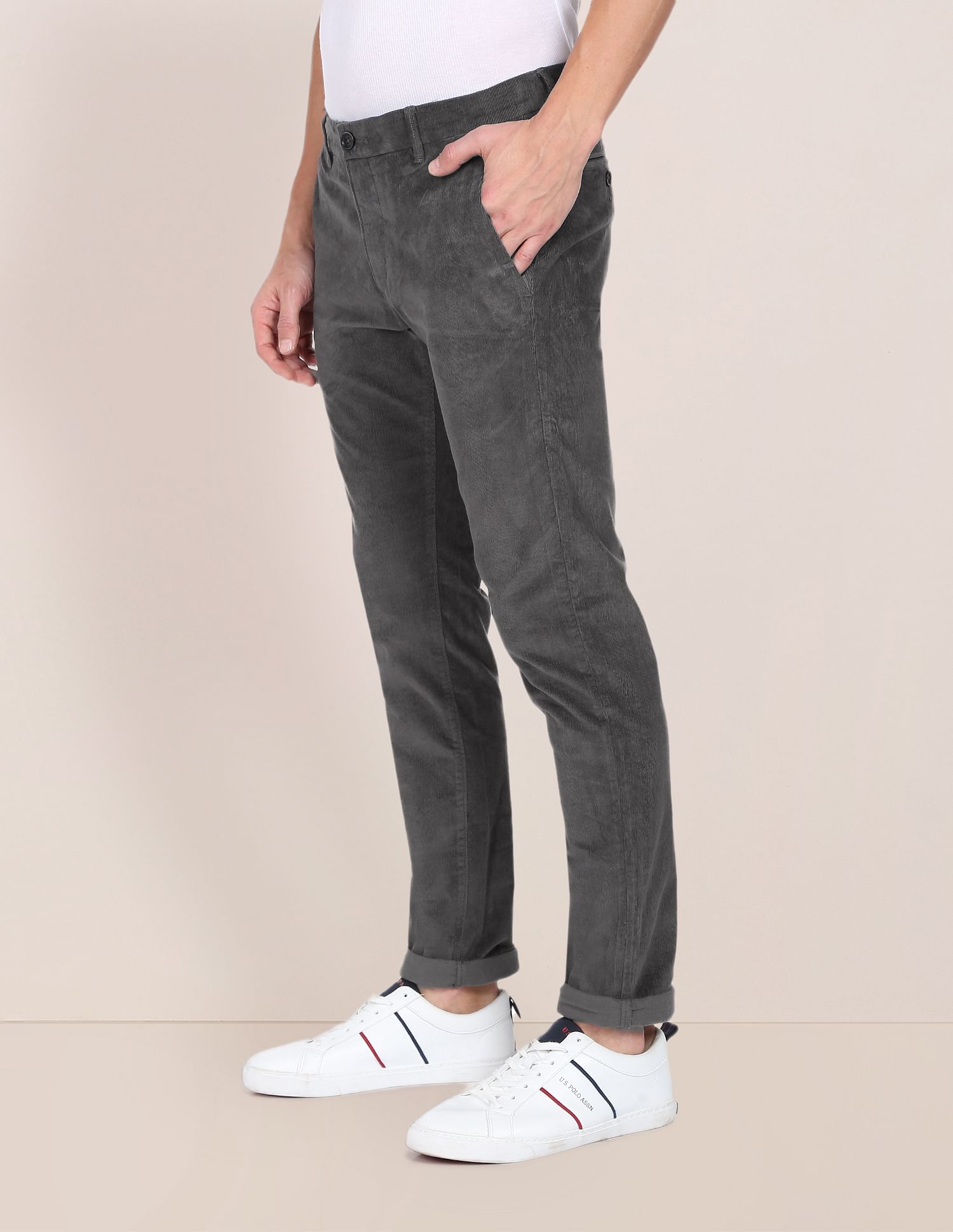 Men Dark Grey Corduroy Weave Denver Slim Fit Casual Trousers Dark Grey - U.S. Polo Assn. India | Large