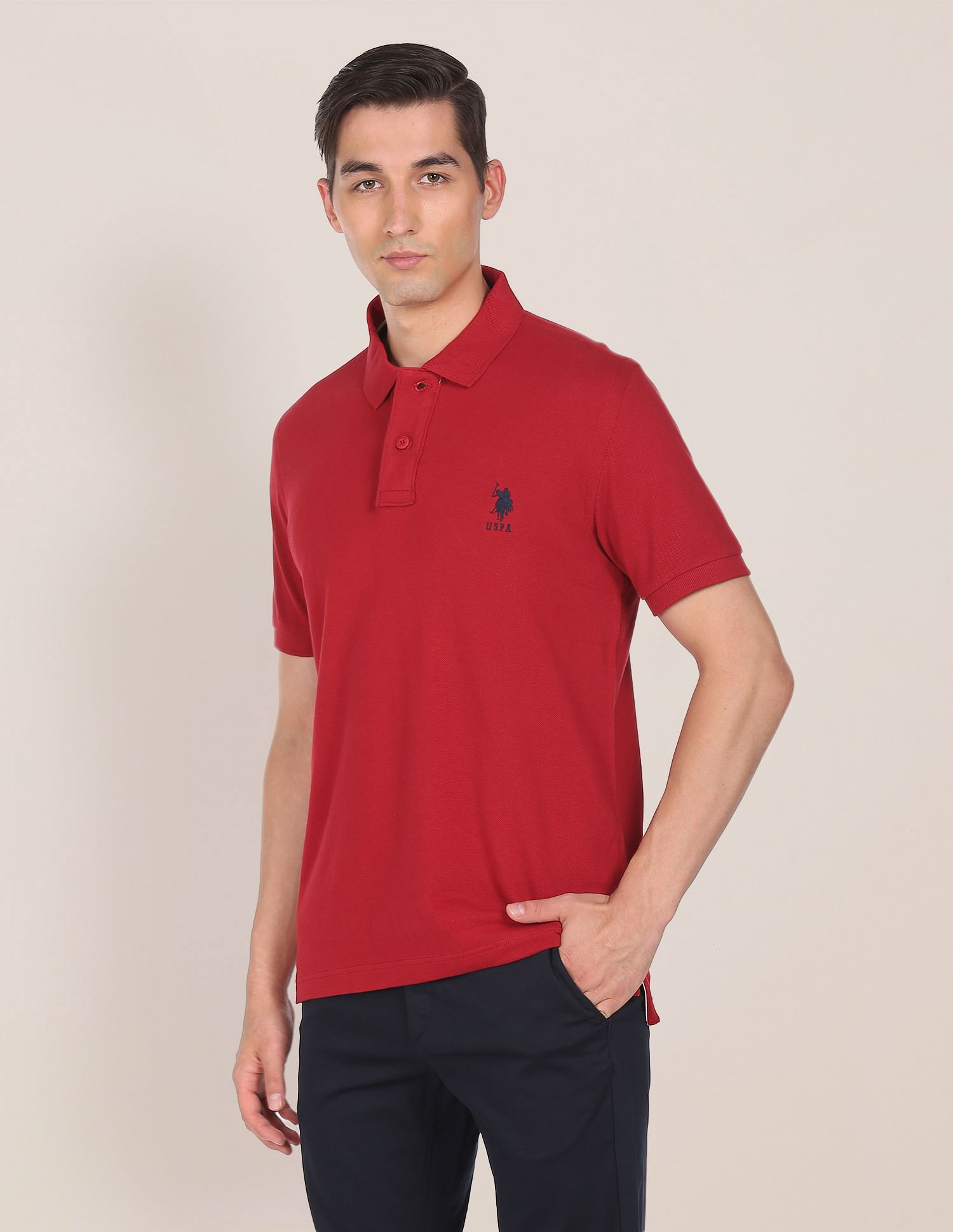 Ribbed Collar Solid Polo Shirt Dark Red - U.S. Polo Assn. India | Large