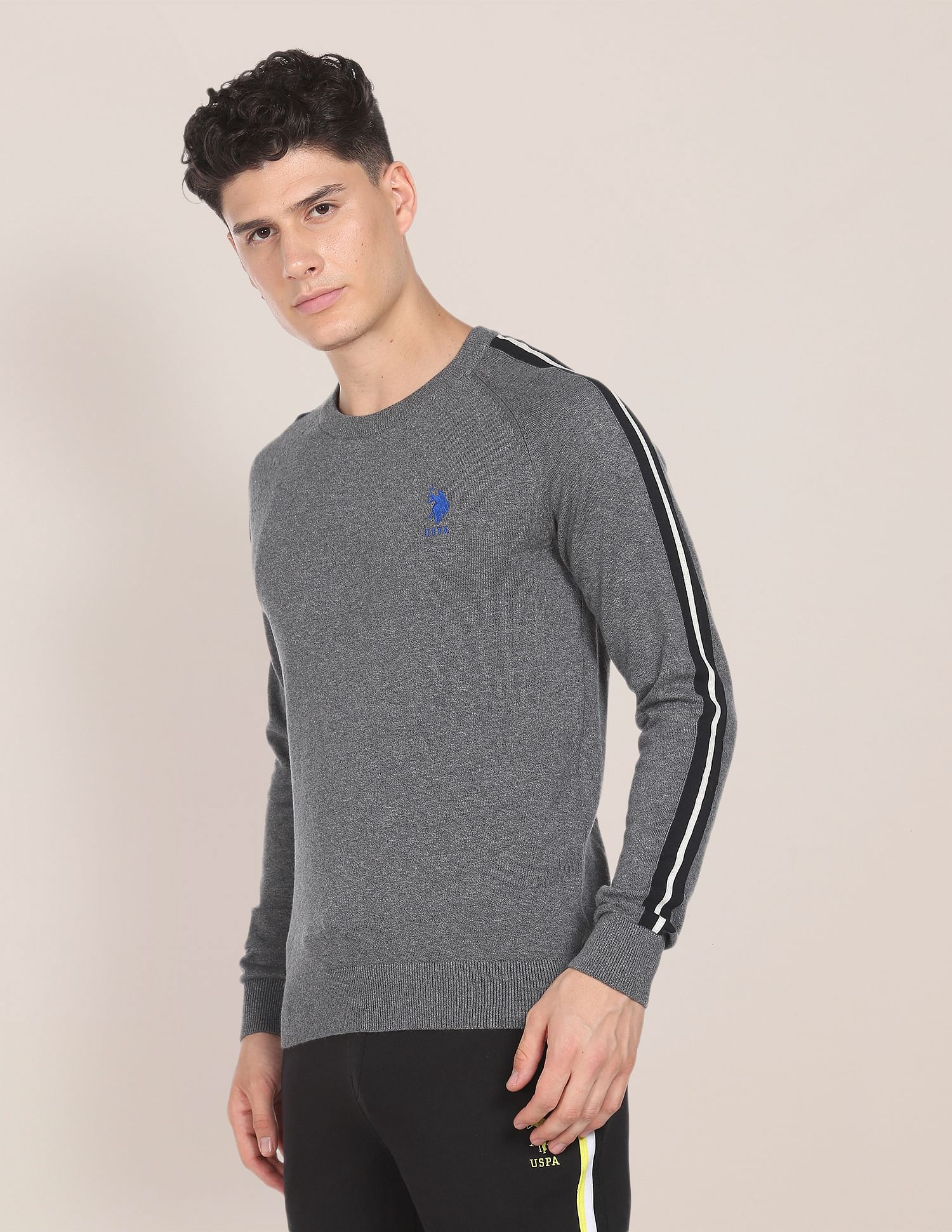 Striped Sleeve Heathered Sweater Grey - U.S. Polo Assn. India | Large