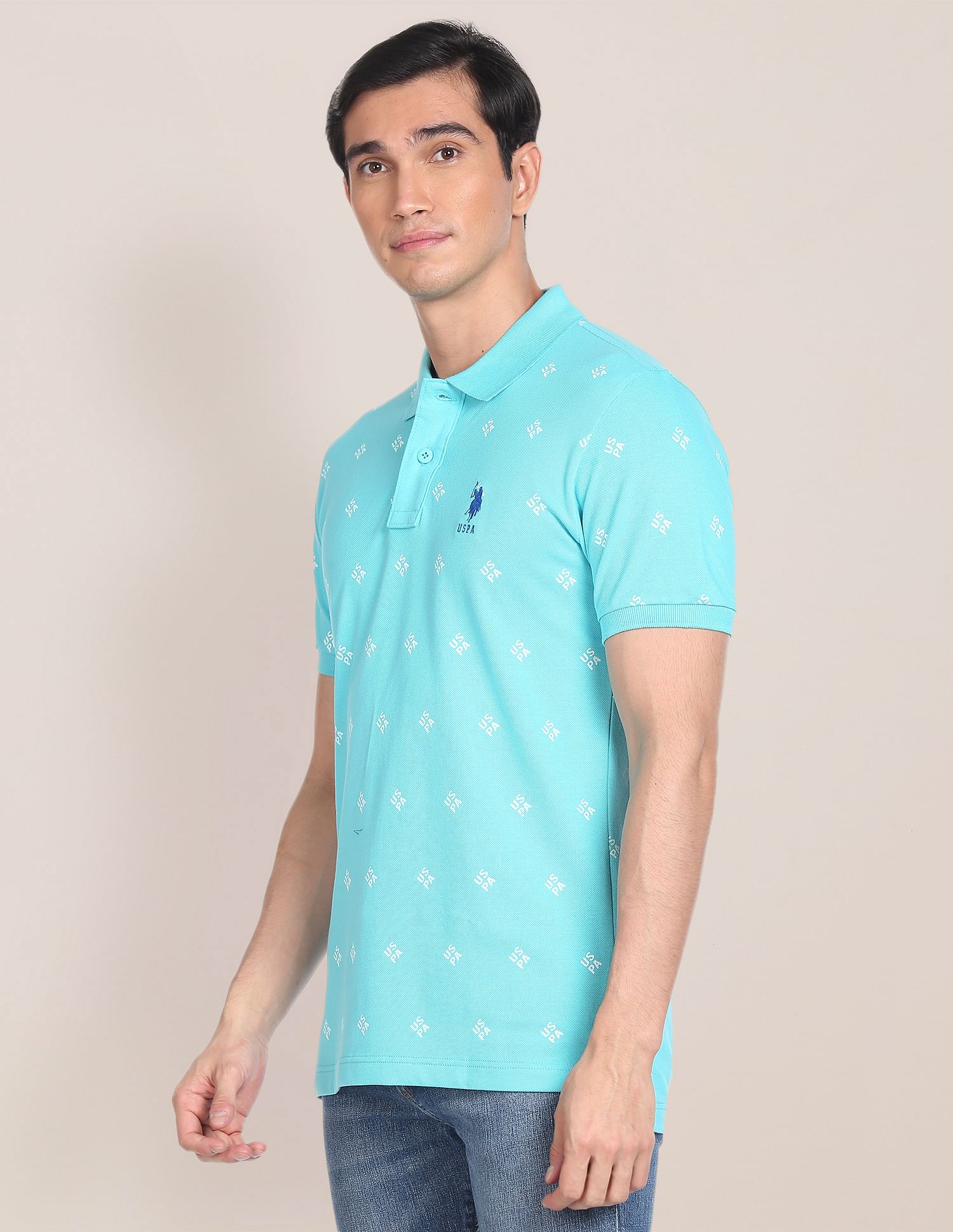 Geometric Brand Print Polo Shirt Light Blue - U.S. Polo Assn. India | Large