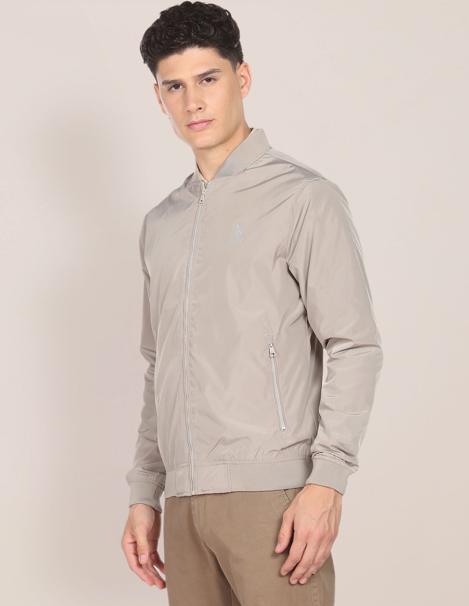 Solid Stand Collar Bomber Jacket Stone - U.S. Polo Assn. India | Large