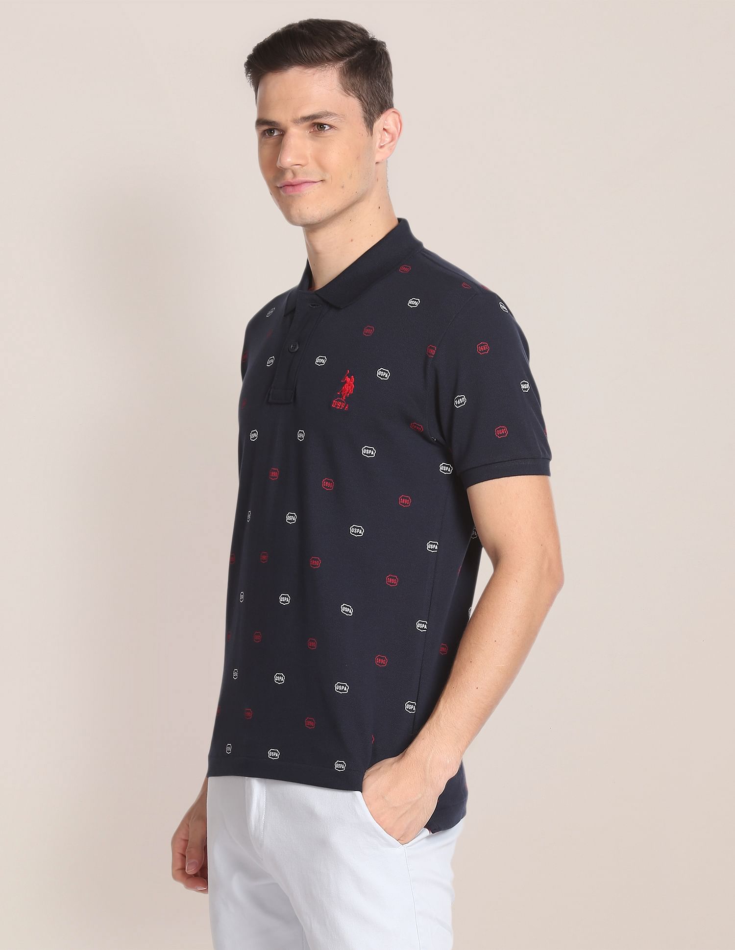 All Over Brand Print Cotton Polo Shirt Navy - U.S. Polo Assn. India | Large