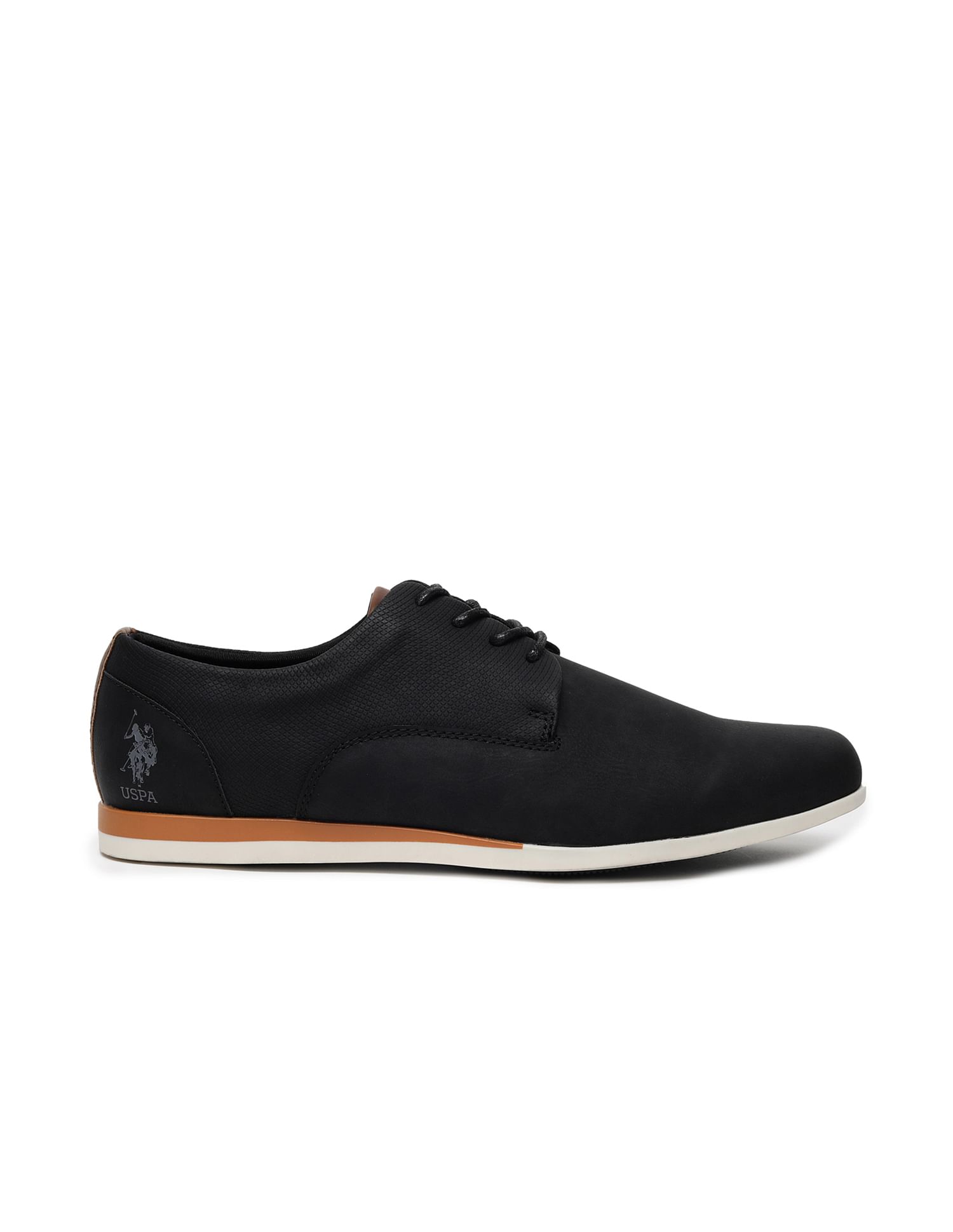 Men Clest Round Toe Solid Panelled PU Shoes Black - U.S. Polo Assn. India | Large