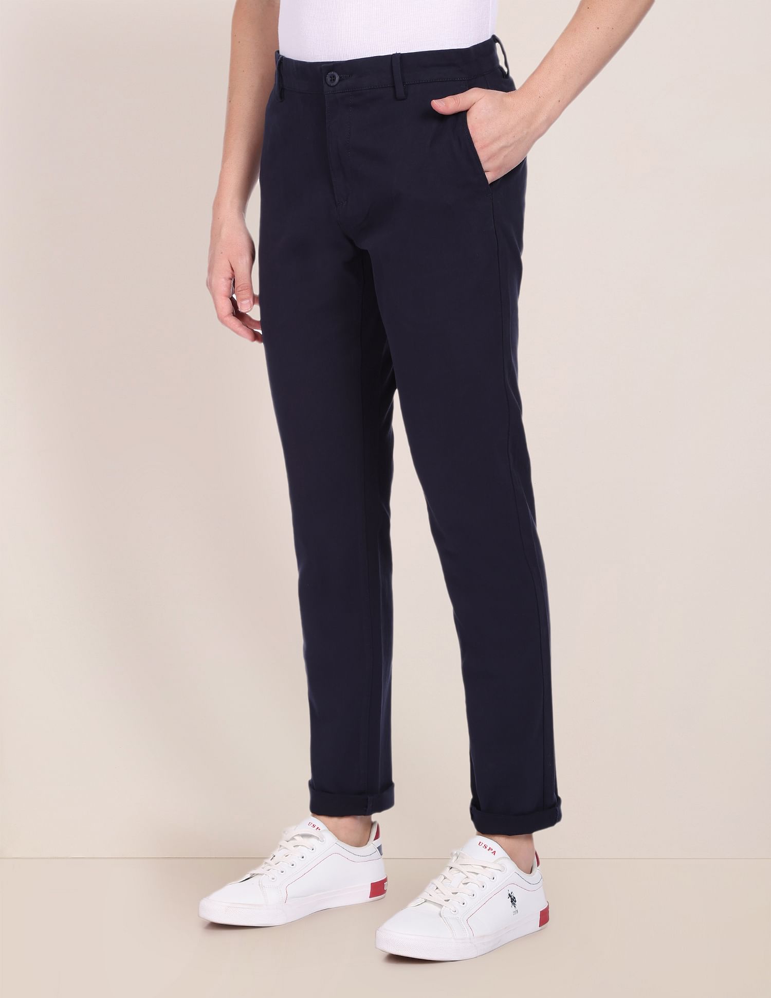 Mid Rise Solid Austin Trim Fit Casual Trousers Navy - U.S. Polo Assn. India | Large