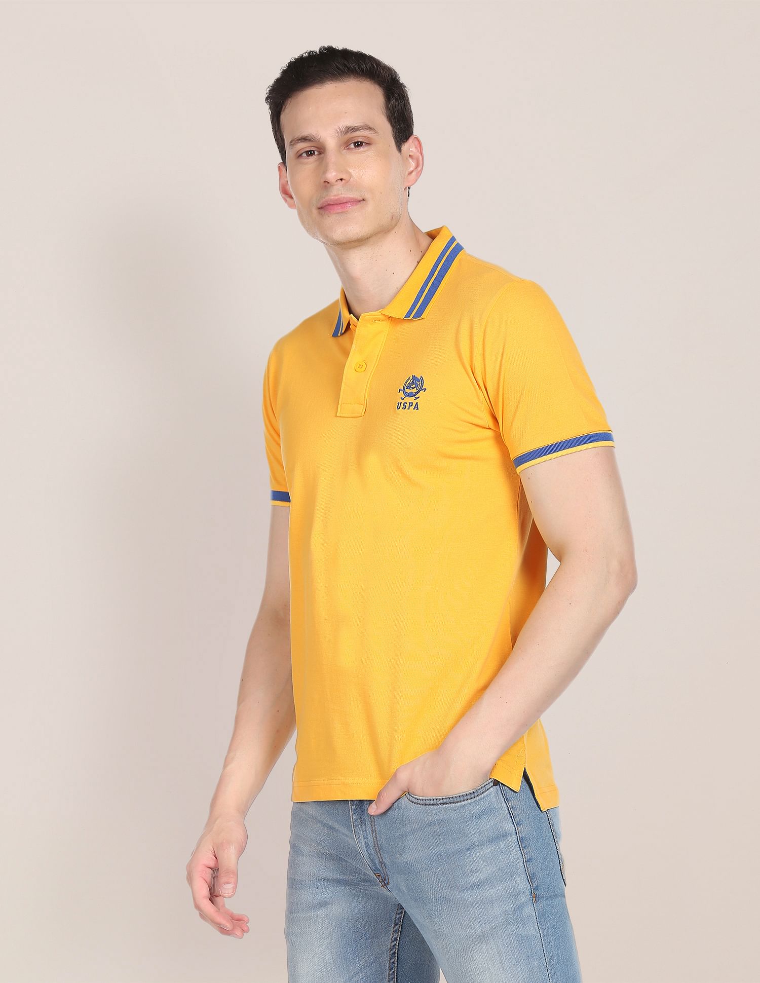 Striped Collar Cotton Pique Polo Shirt Yellow - U.S. POLO ASSN. | Large