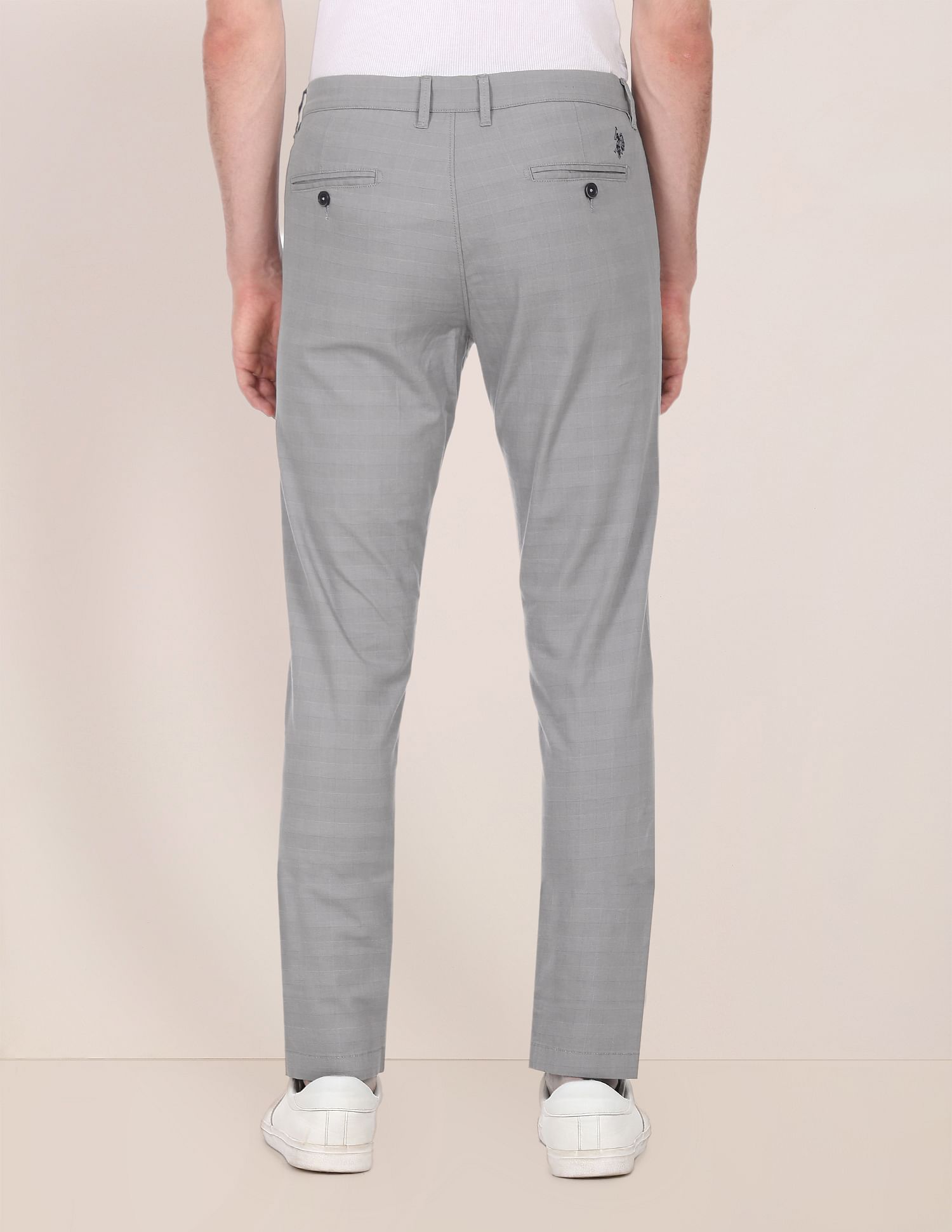 Men Grey Austin Trim Regular Fit Woven Check Casual Trousers Grey - U.S. POLO ASSN. | Large
