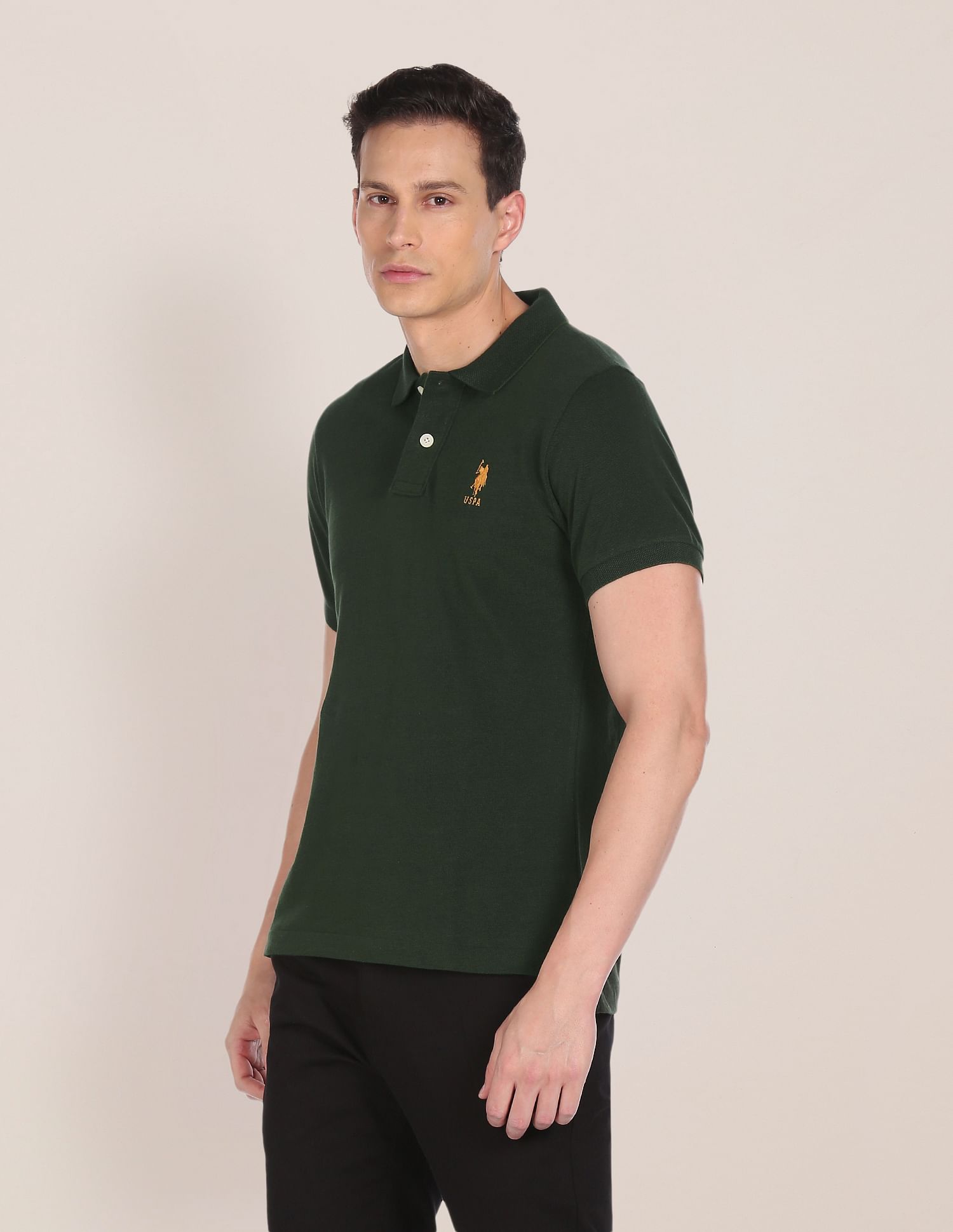 Pure Cotton Solid Polo Shirt Dark Green - U.S. Polo Assn. India | Large