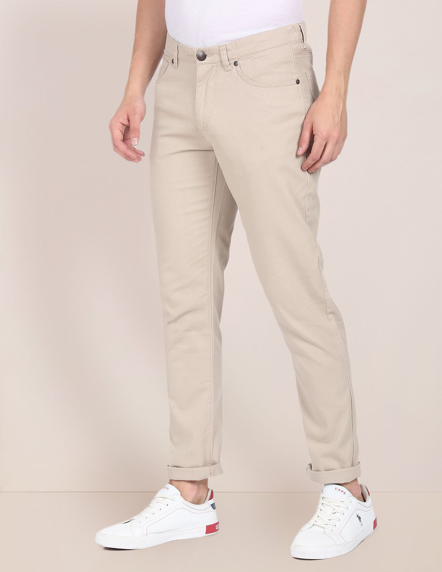 Solid Twill Casual Trousers Stone - U.S. Polo Assn. India | Large