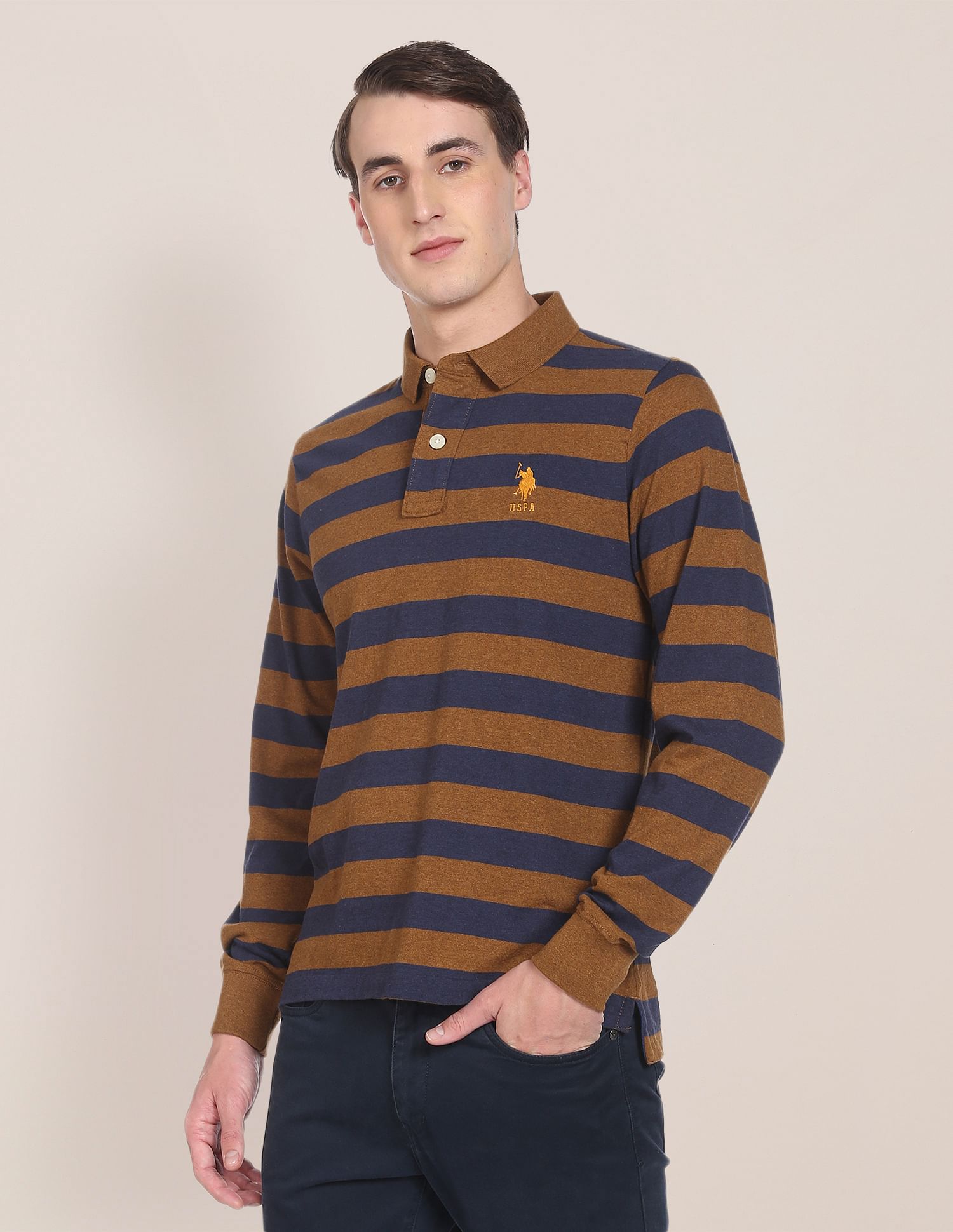 Long Sleeve Horizontal Stripe Polo Shirt Ochre and Navy - U.S. Polo Assn. India | Large