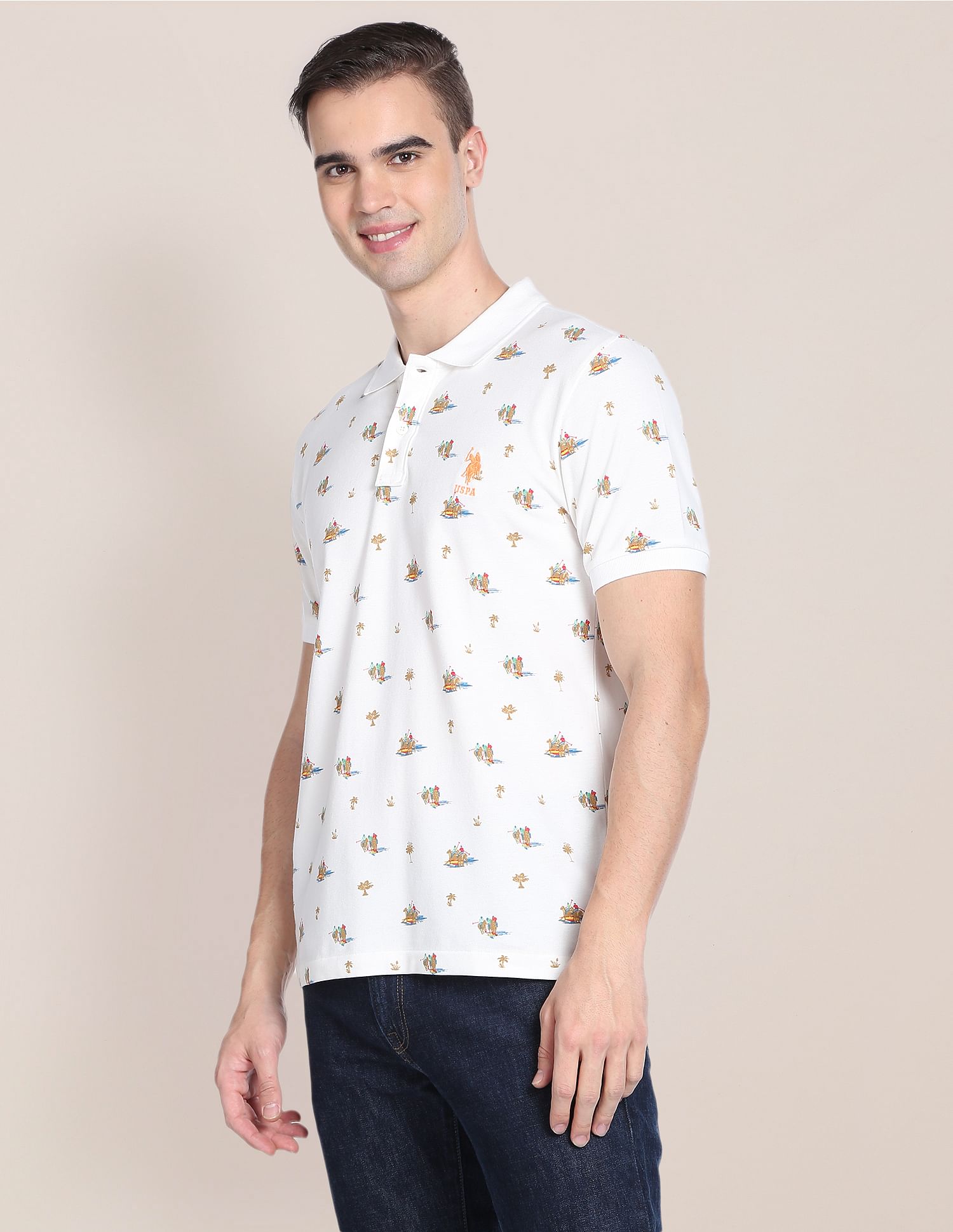 Motif Print Knit Polo Shirt Off White - U.S. Polo Assn. India | Large