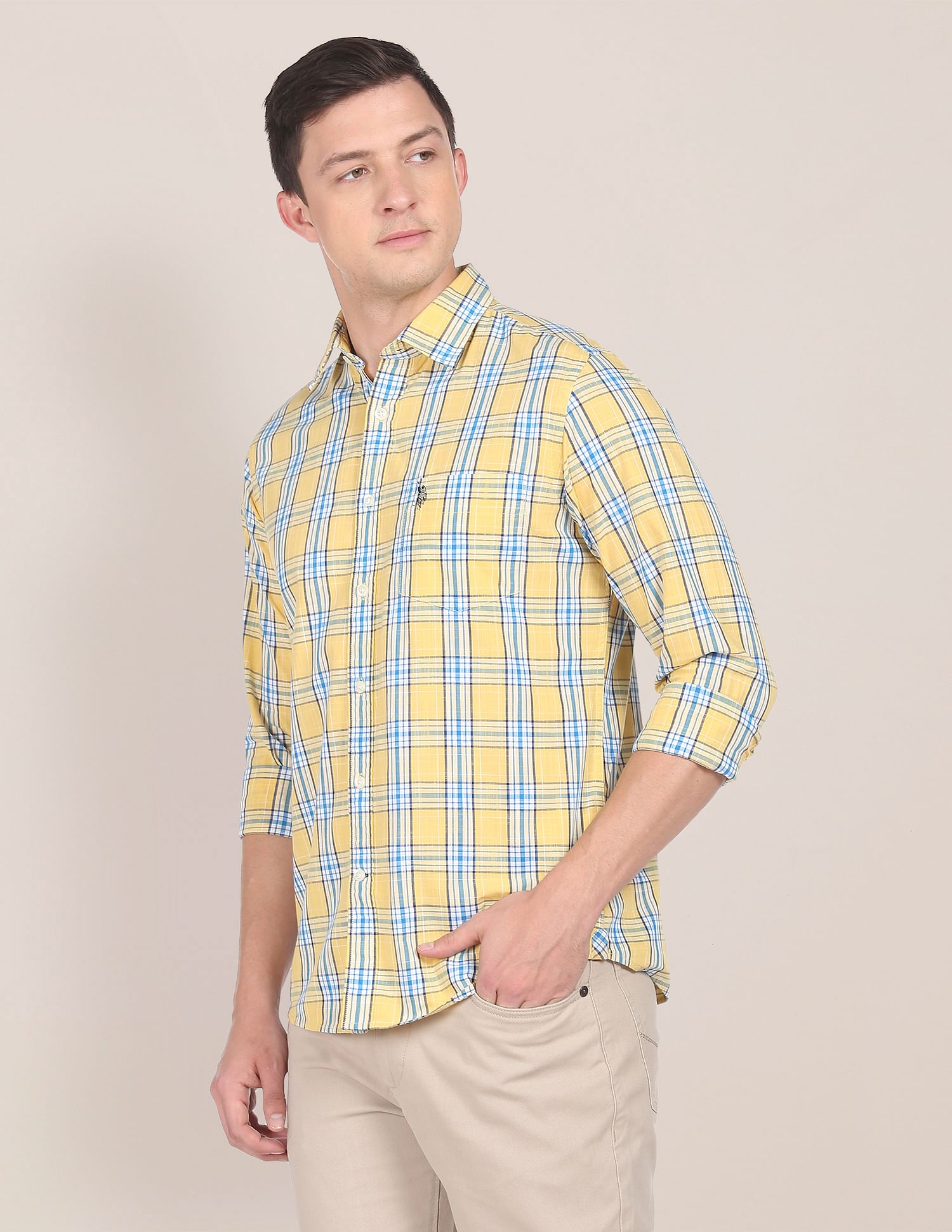 Men Yellow Tartan Check Cotton Casual Shirt Yellow - U.S. POLO ASSN. | Large