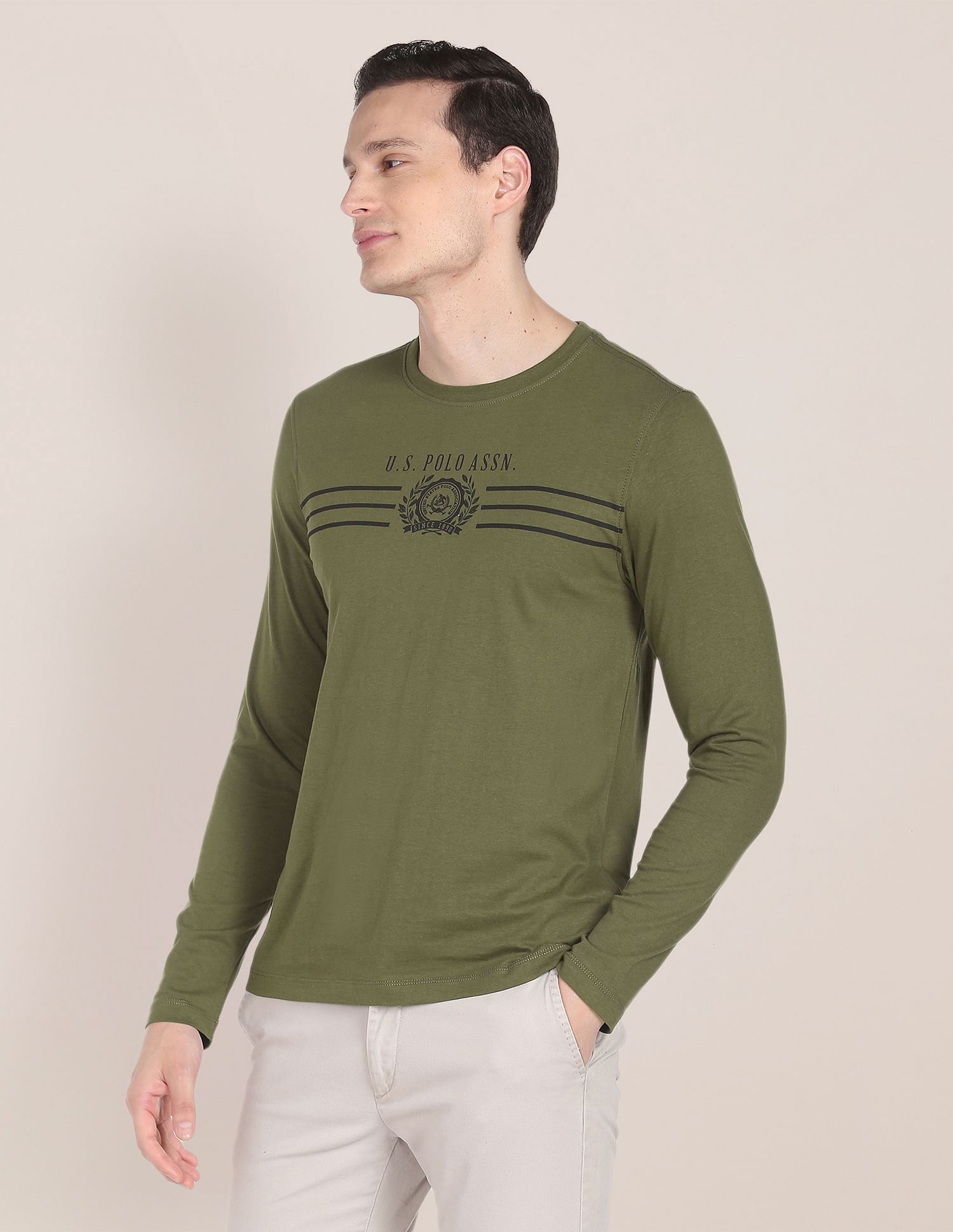 Long Sleeve Brand Print Cotton T-Shirt Olive - U.S. Polo Assn. India | Large
