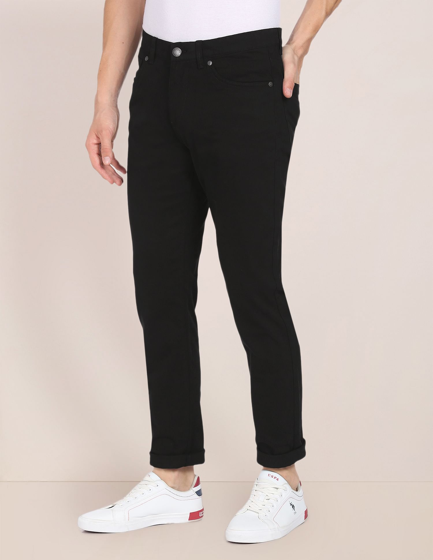 Men Black Solid Twill Casual Trousers Black - U.S. POLO ASSN. | Large