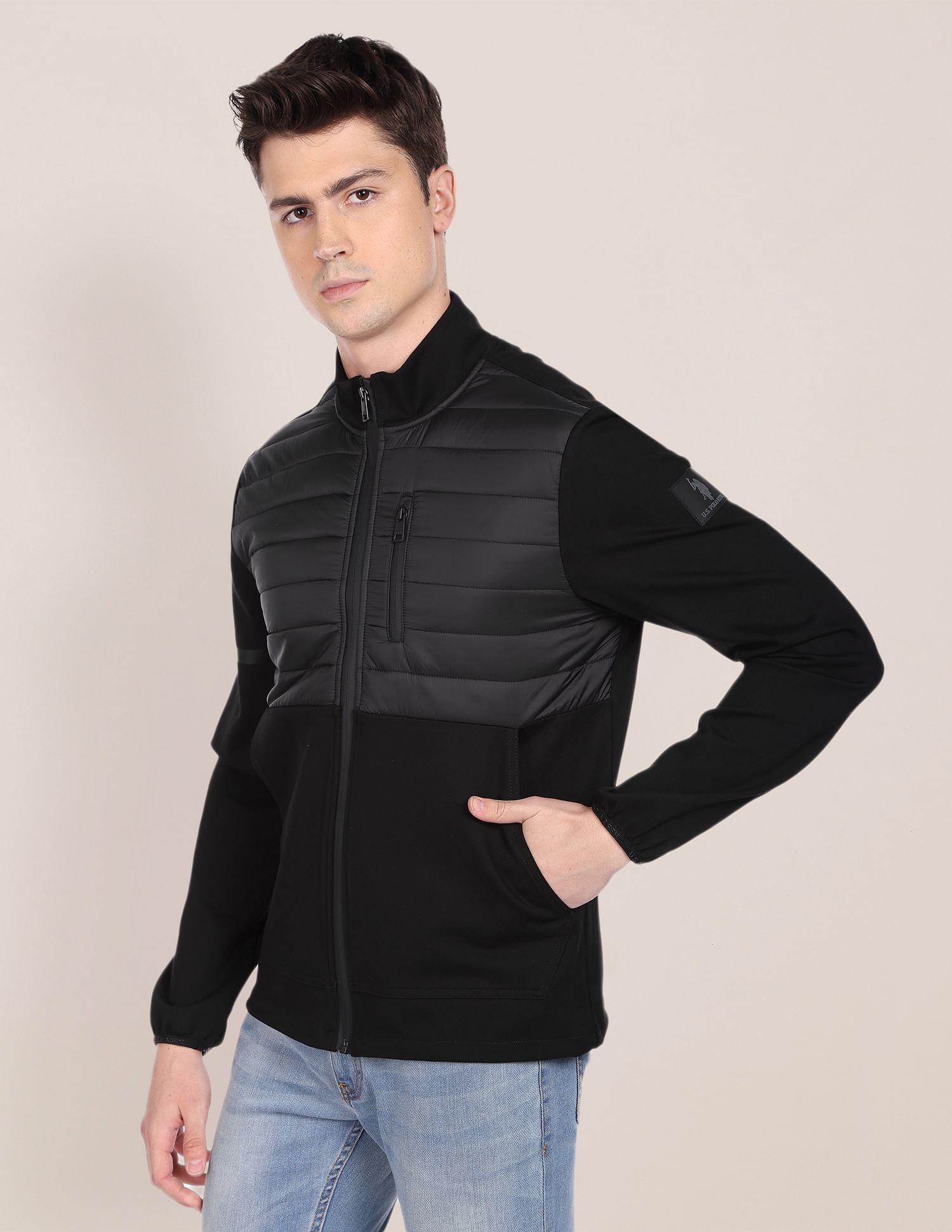 Men Black High Neck Panelled Jacket Black - U.S. Polo Assn. India | Large
