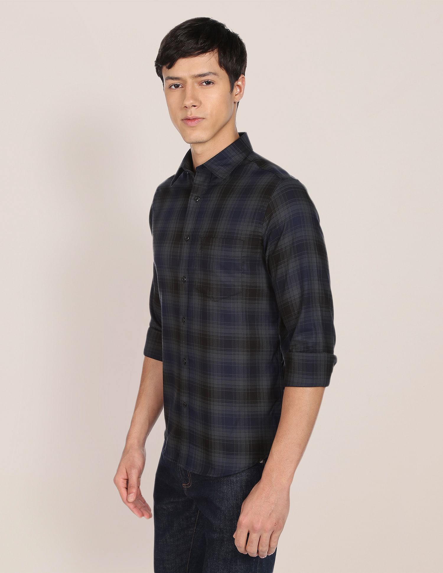 Patterned Weave Cotton Casual Shirt Dark Grey - U.S. Polo Assn. India | Large