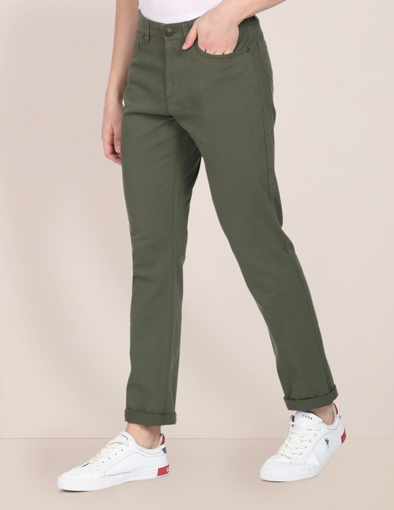 Mid Rise Solid Casual Trousers Olive - U.S. Polo Assn. India | Large