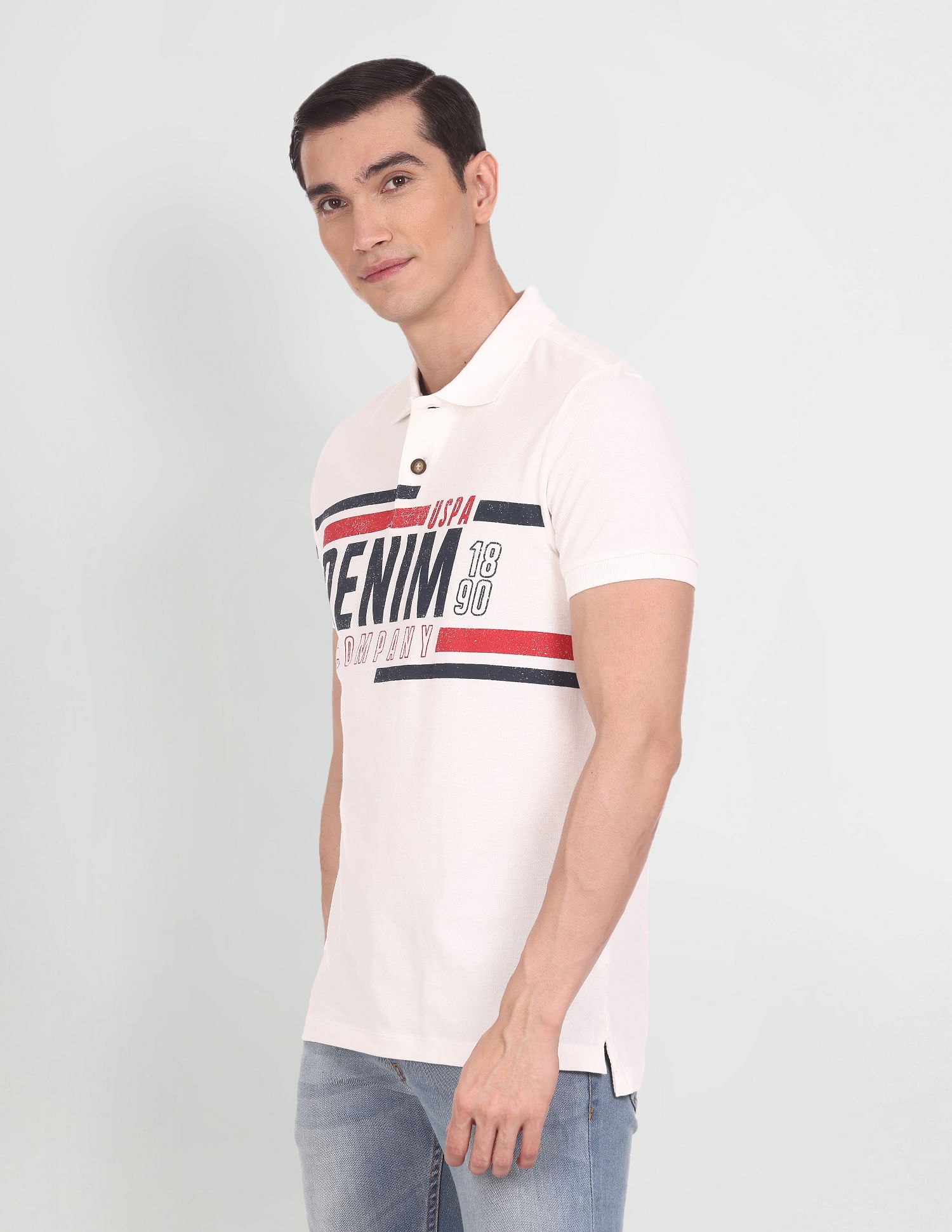 Typographic Print Cotton Polo Shirt Off White - U.S. POLO ASSN. | Large