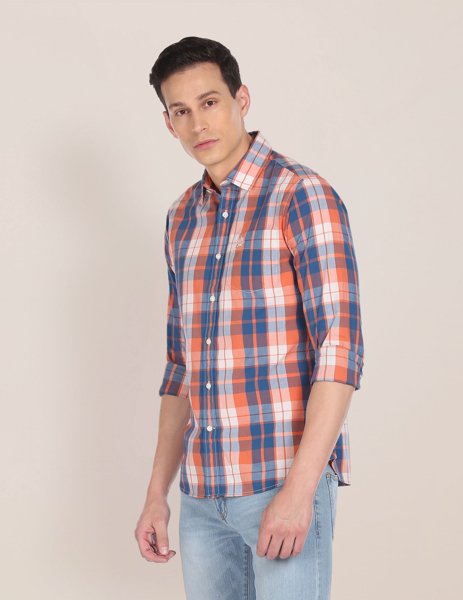 Patch Pocket Check Casual Shirt Orange and Blue - U.S. Polo Assn. India | Large