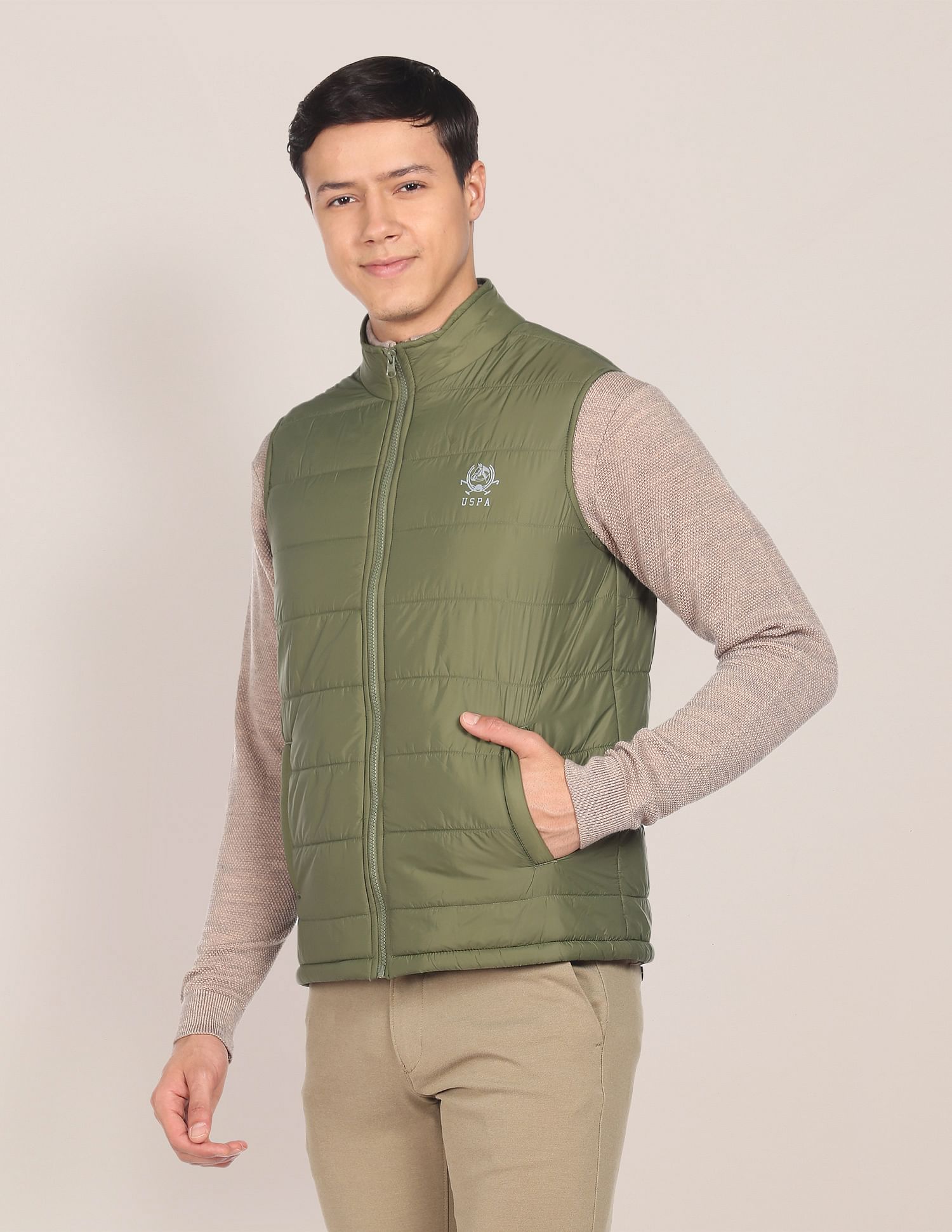 High Neck Sleeveless Solid Padded Jacket Olive - U.S. POLO ASSN. | Large