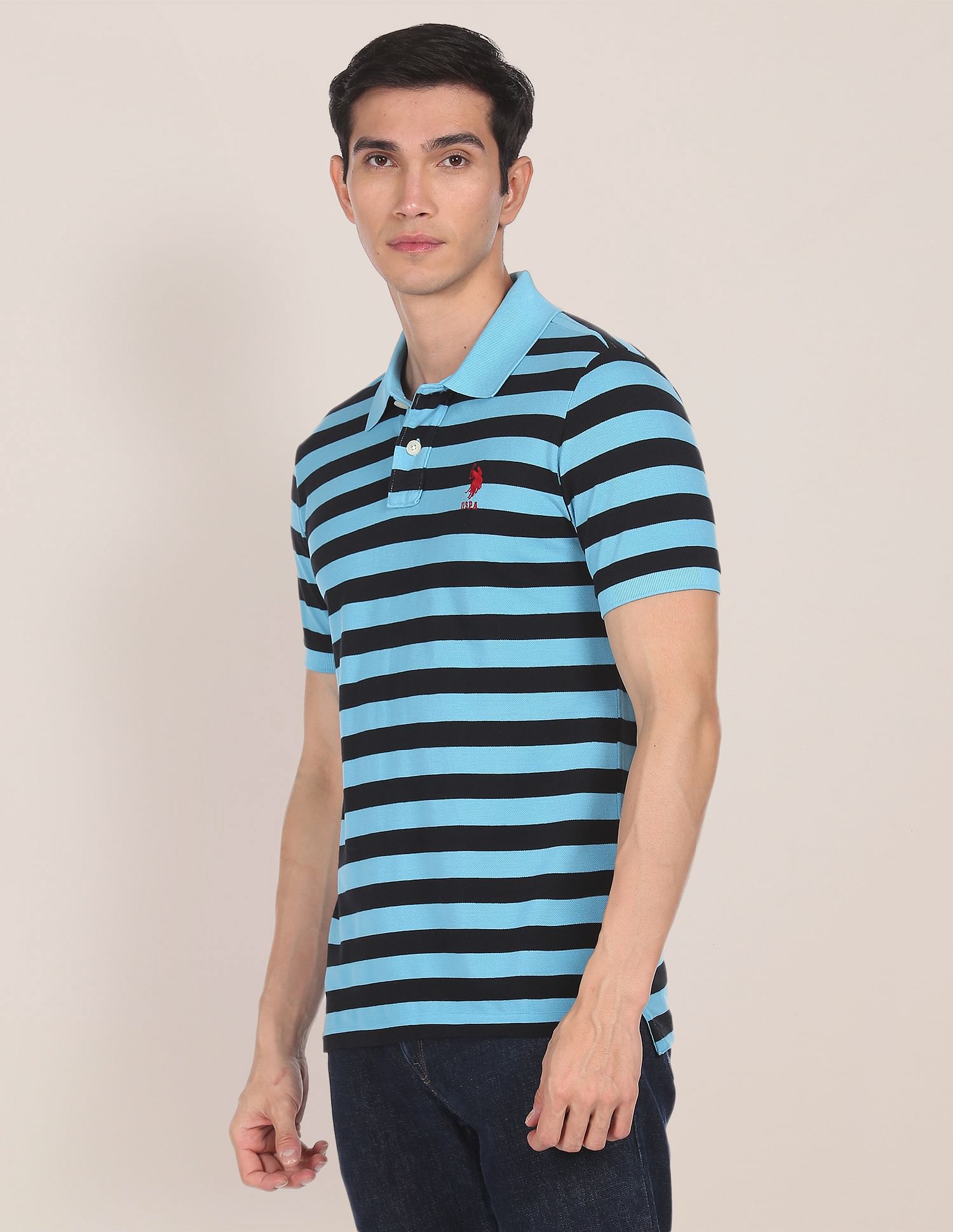 Ribbed Collar Striped Polo Shirt Blue - U.S. Polo Assn. India | Large