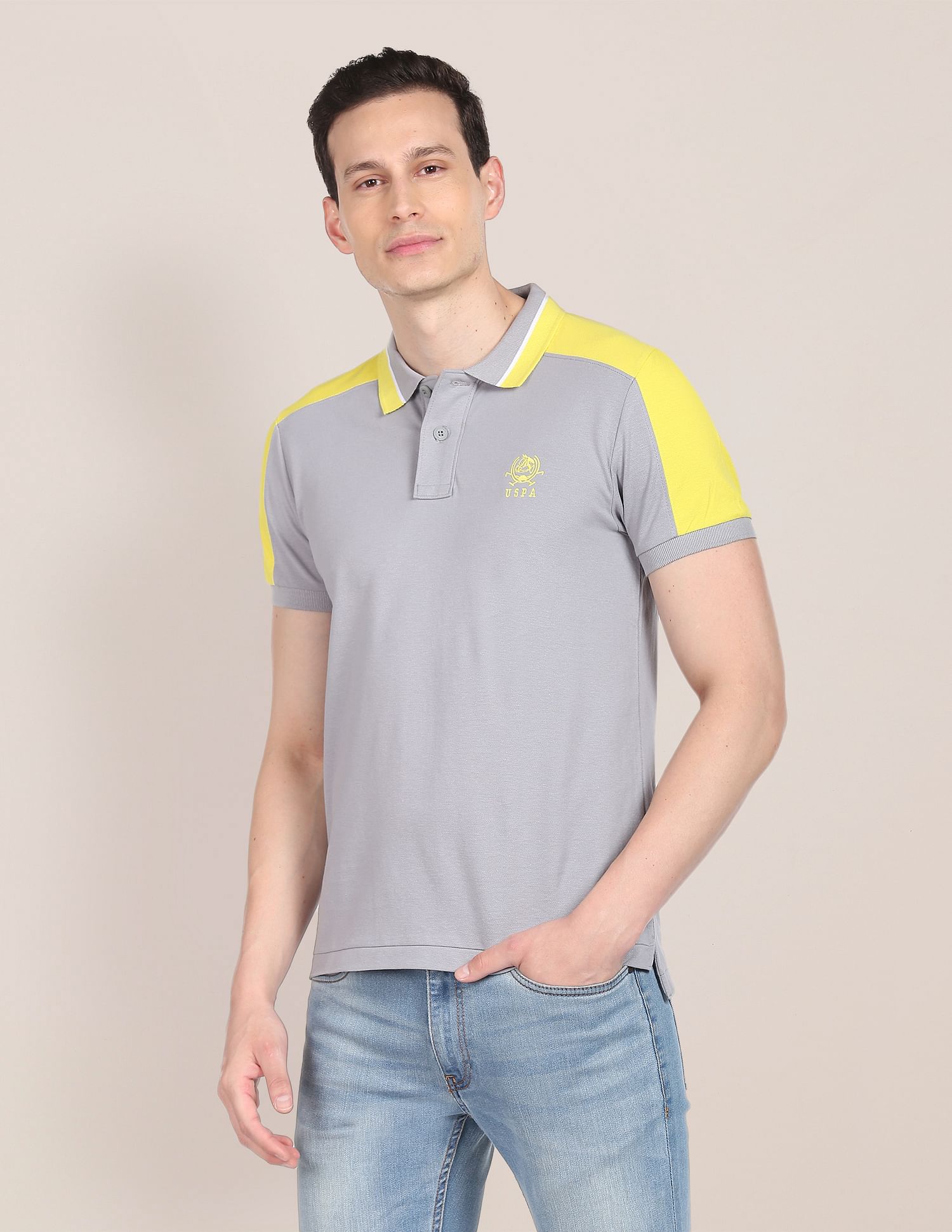 Colour Block Cotton Polo Shirt Grey and Yellow - U.S. Polo Assn. India | Large
