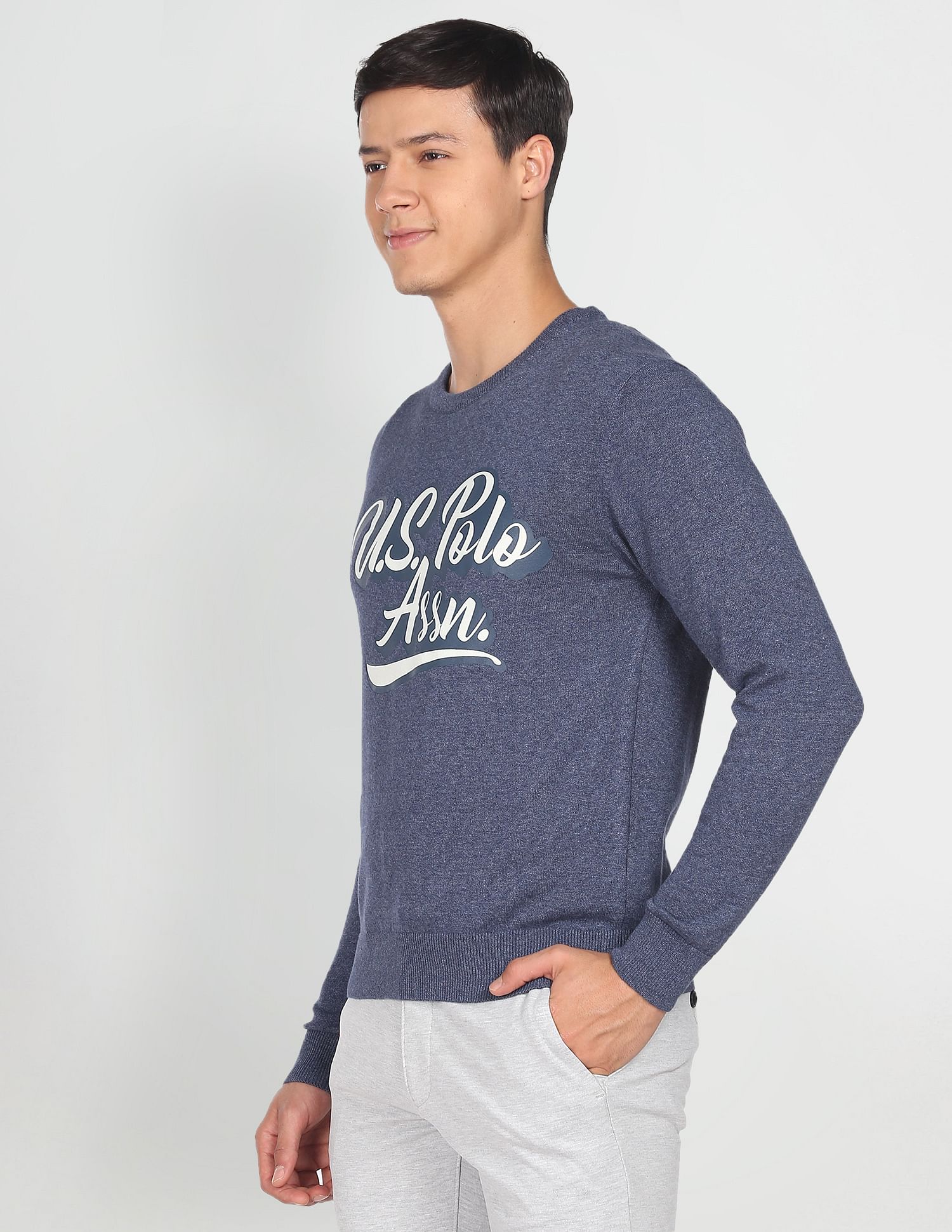 Men Blue Crew Neck Brand Print Heathered Sweater Blue - U.S. POLO ASSN. | Large