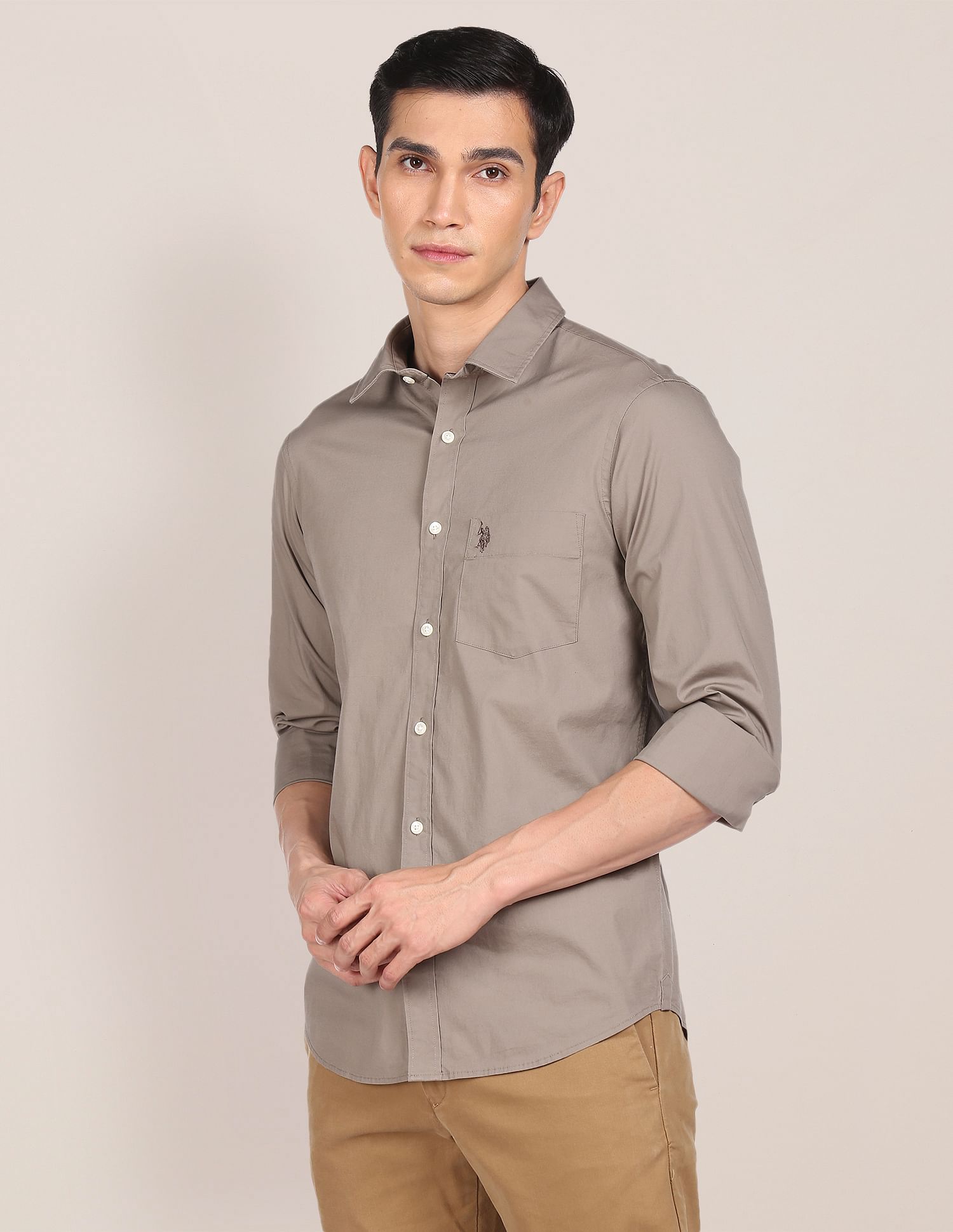 Regular Fit Solid Casual Shirt Stone - U.S. Polo Assn. India | Large