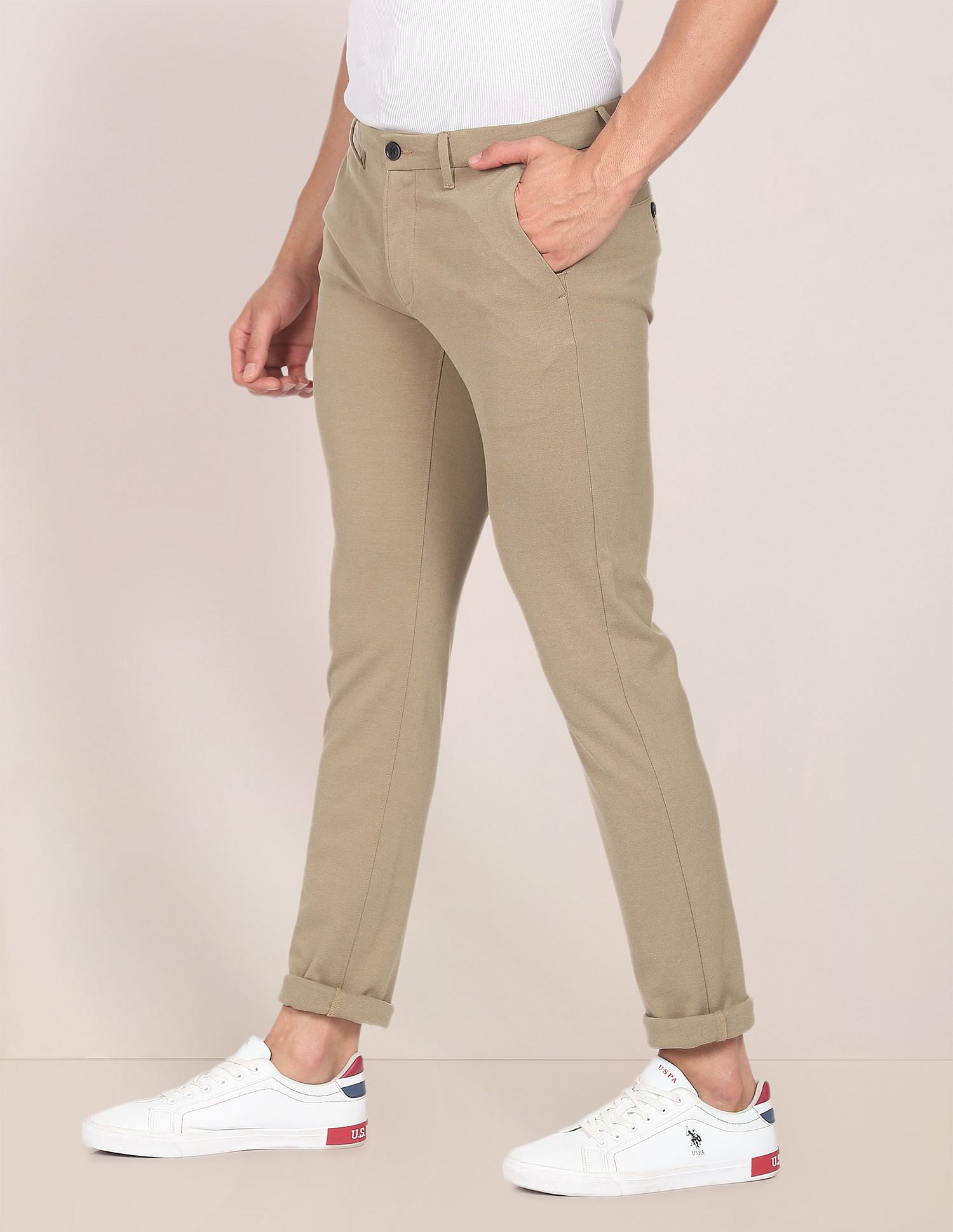 Men Beige Denver Slim Fit Solid Casual Trousers  US Polo Assn India