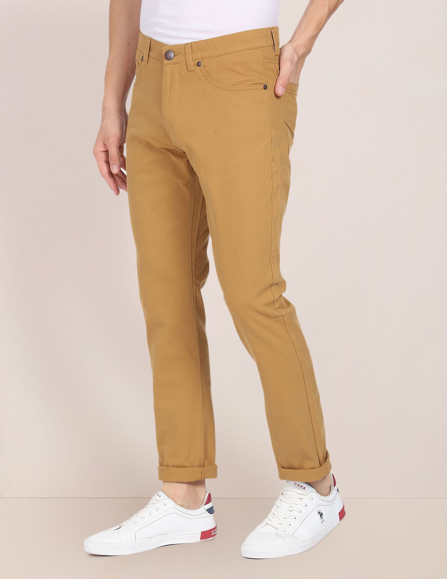 Solid Twill Casual Trousers Khaki - U.S. Polo Assn. India | Large