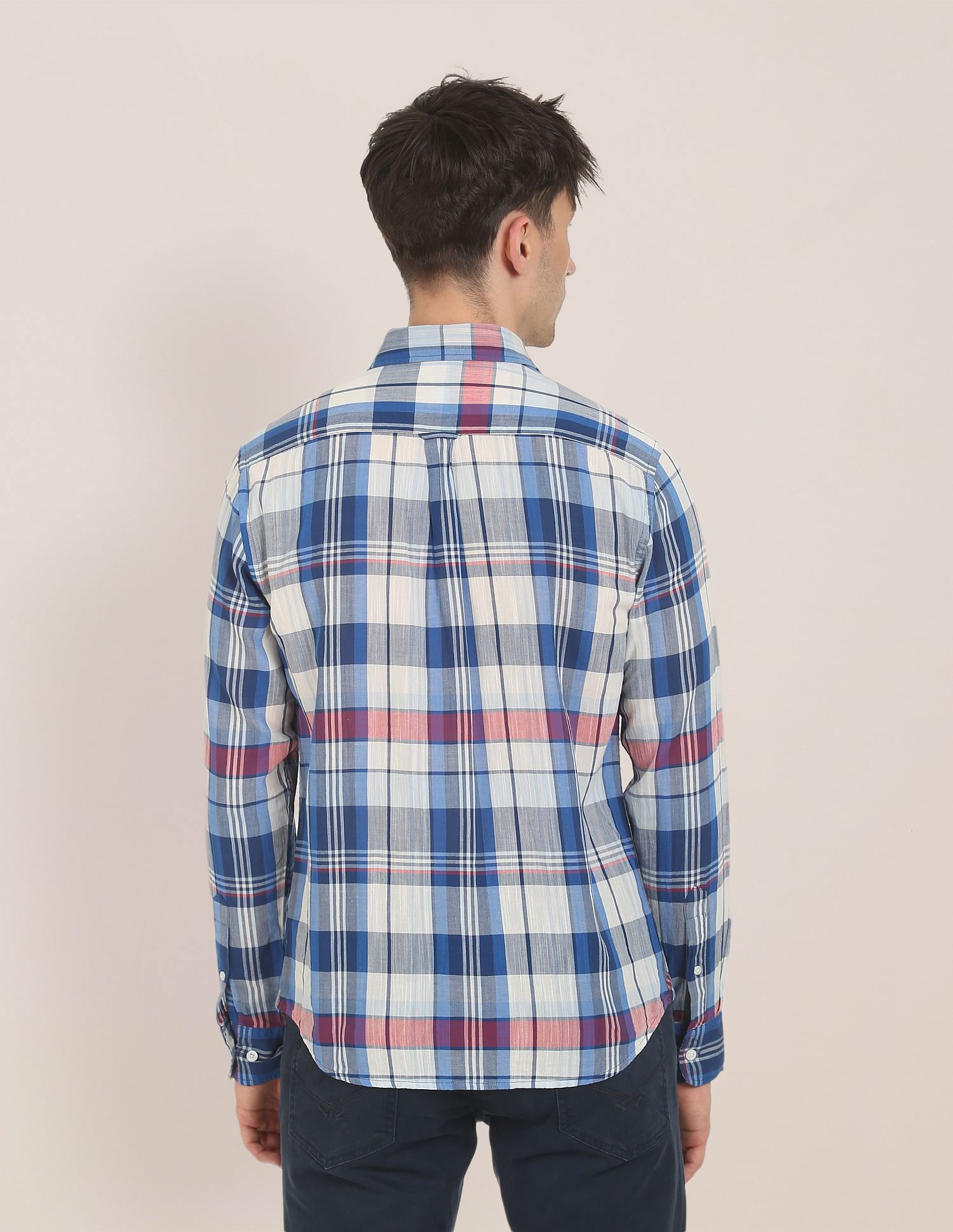 Men Blue Spread Collar Check Casual Shirt Blue - U.S. POLO ASSN. | Large