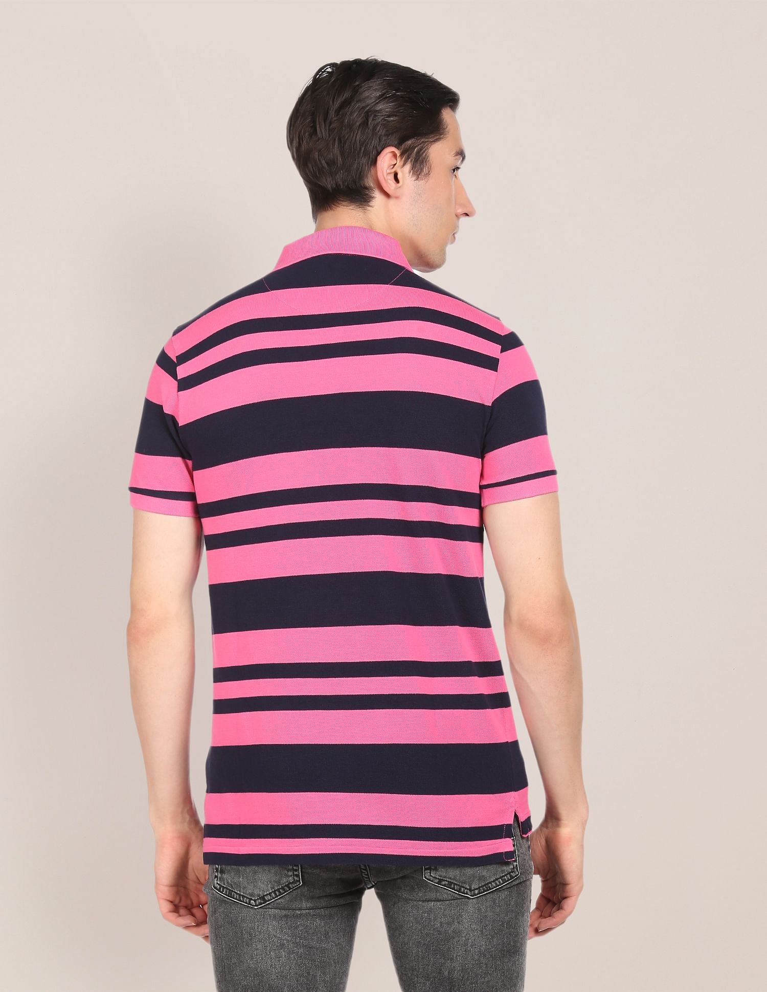 Ribbed Collar Striped Polo Shirt Pink and Navy - U.S. Polo Assn. India | Large