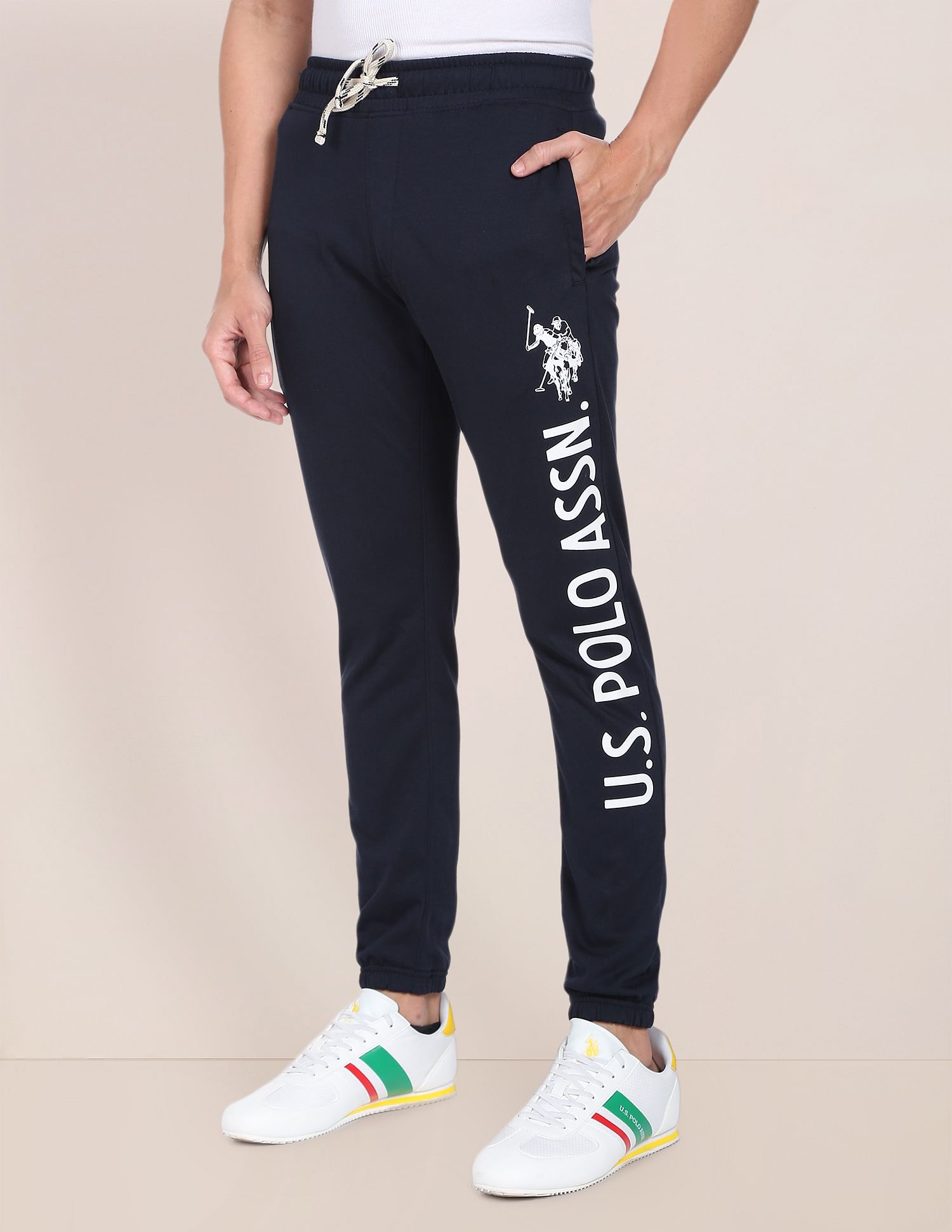 Men Black Drawstring Waist Brand Print Joggers Navy - U.S. Polo Assn. India | Large