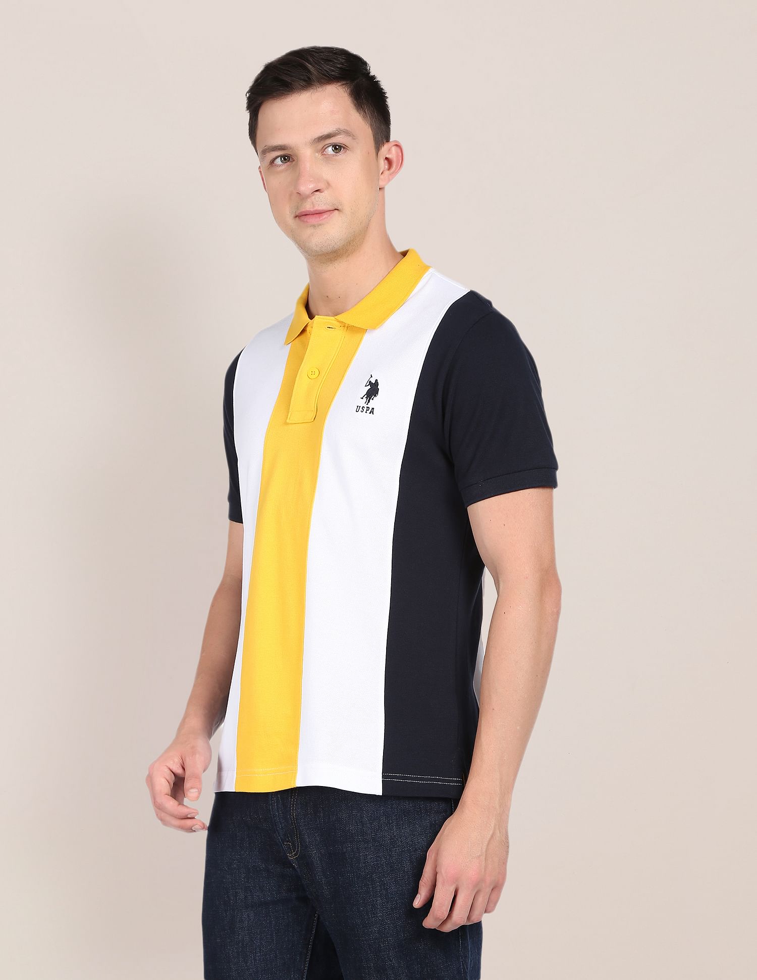 Men Yellow And White Colour Block Cotton Polo Shirt Yellow and White - U.S. Polo Assn. India | Large