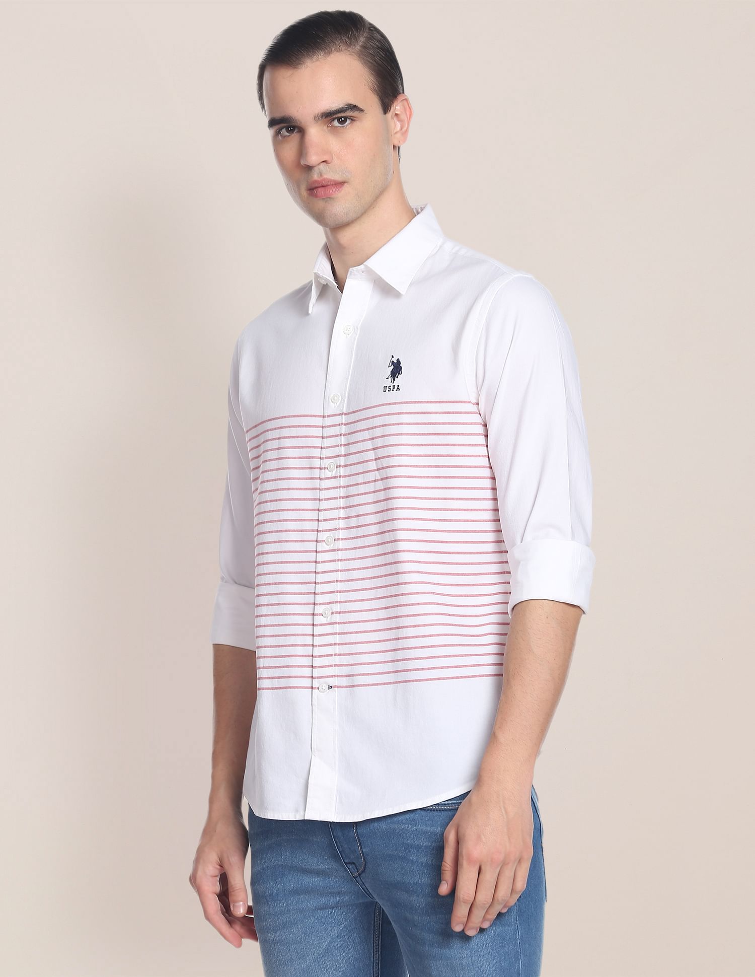 Signature Engineered Stripe Dobby Shirt White - U.S. Polo Assn. India | Large