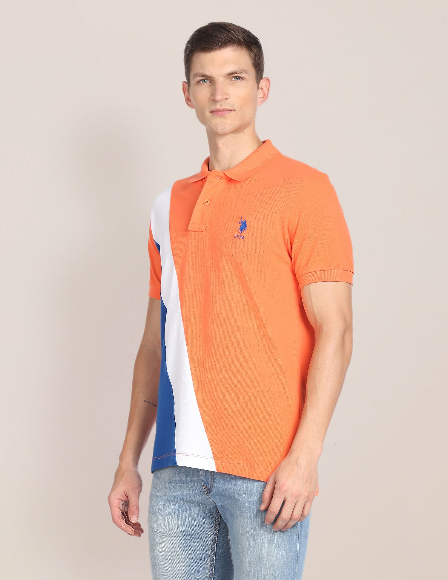 Colour Block Cotton Polo Shirt Orange - U.S. POLO ASSN. | Large