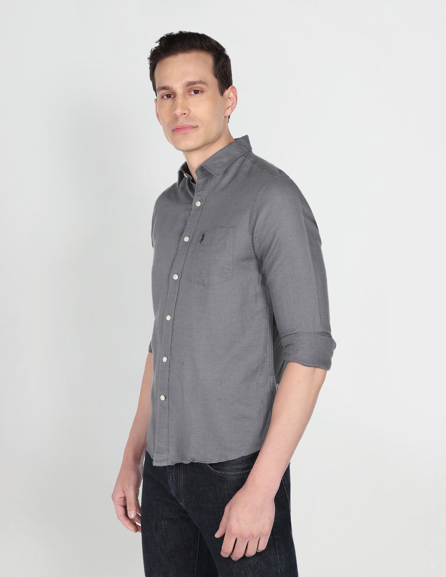 Spread Collar Solid Casual Shirt Grey - U.S. POLO ASSN. | Large