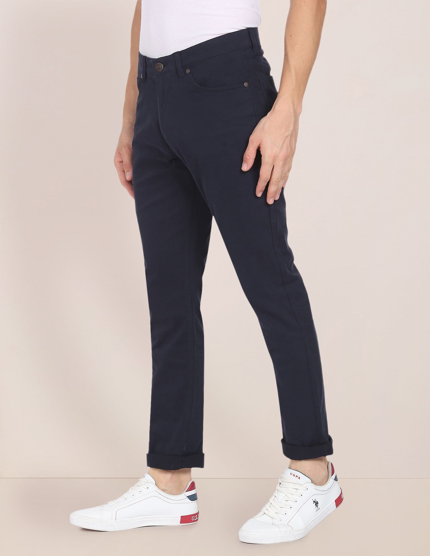 Solid Twill Casual Trousers Navy - U.S. Polo Assn. India | Large