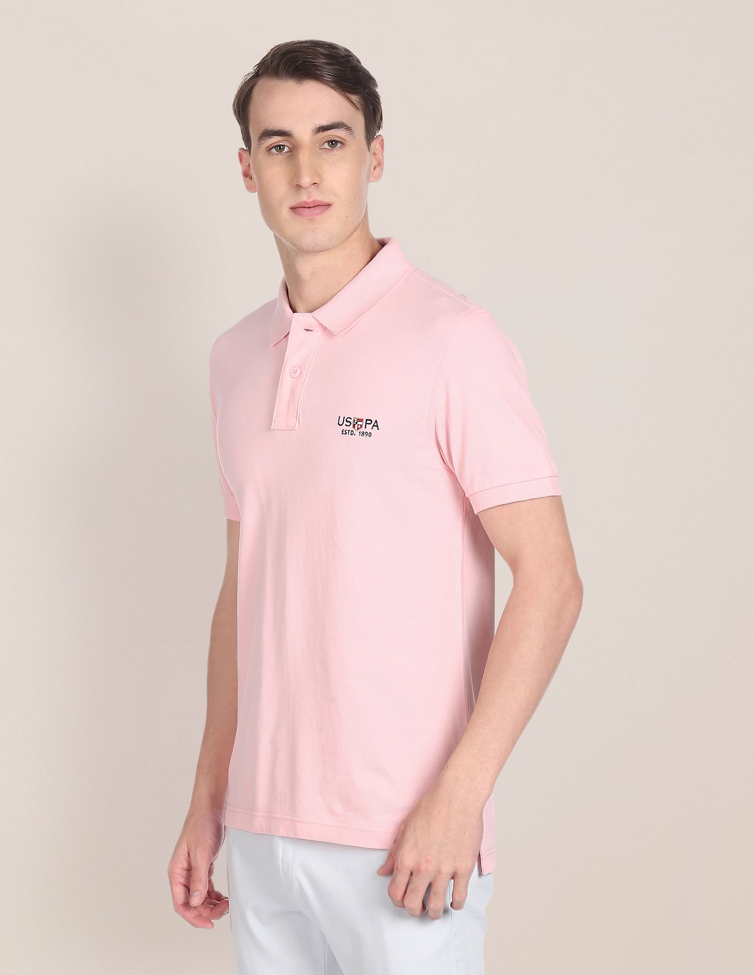 Ribbed Collar Cotton Polo Shirt Pink - U.S. POLO ASSN. | Large