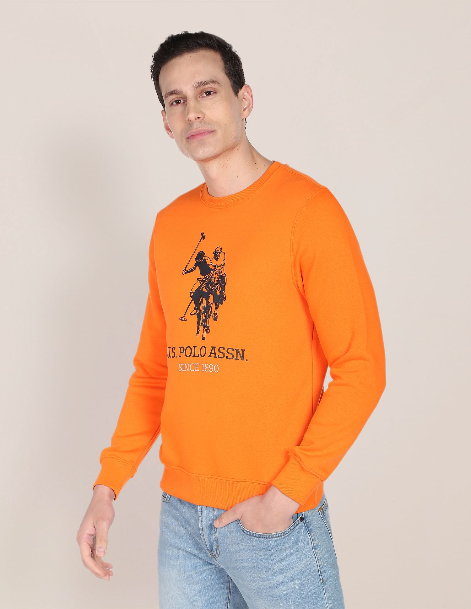 Crew Neck Logo Print Sweatshirt Orange - U.S. POLO ASSN. | Large